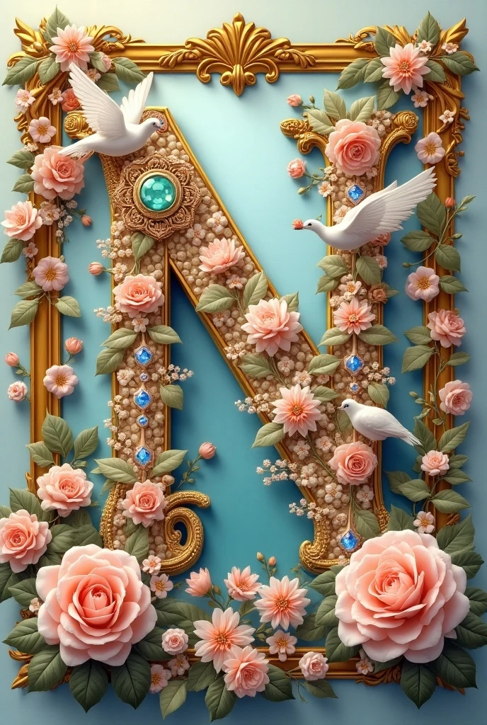 It looks like you've shared an image with a prominent letter "N" decorated with jewels, surrounded by flowers, ornate golden elements, and two white doves. It's a beautifully designed, intricate image with a luxurious, elegant feel. 
