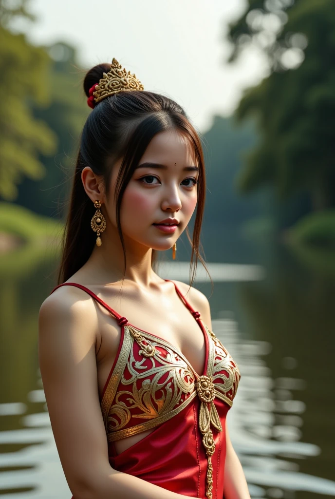 female naga, in thai sabai, dancing in thai posture, in front of river,(best quality,4k,8k,highres,masterpiece:1.2),ultra-detailed,(realistic,photorealistic,photo-realistic:1.37),extremely detailed eyes and face,beautiful detailed lips,longeyelashes,intricate detailed traditional thai dress,elegant thai dance pose,beautiful river landscape,dramatic lighting,warm color tones,cinematic composition