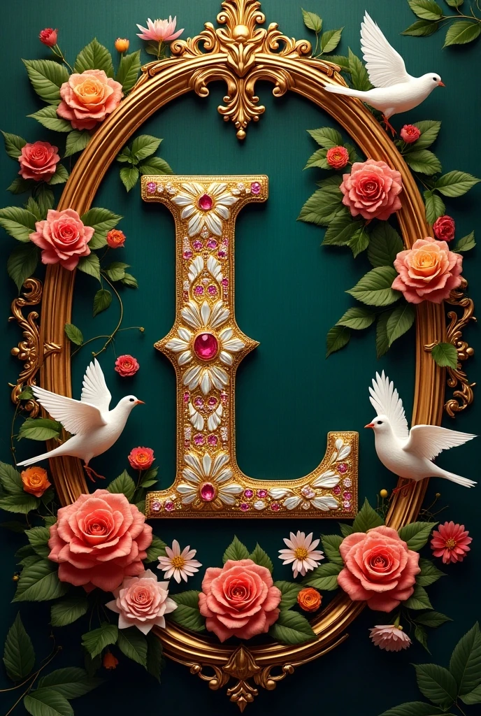 It looks like you've shared an image with a prominent letter "L" decorated with jewels, surrounded by flowers, ornate golden elements, and two white doves. It's a beautifully designed, intricate image with a luxurious, elegant feel. 
