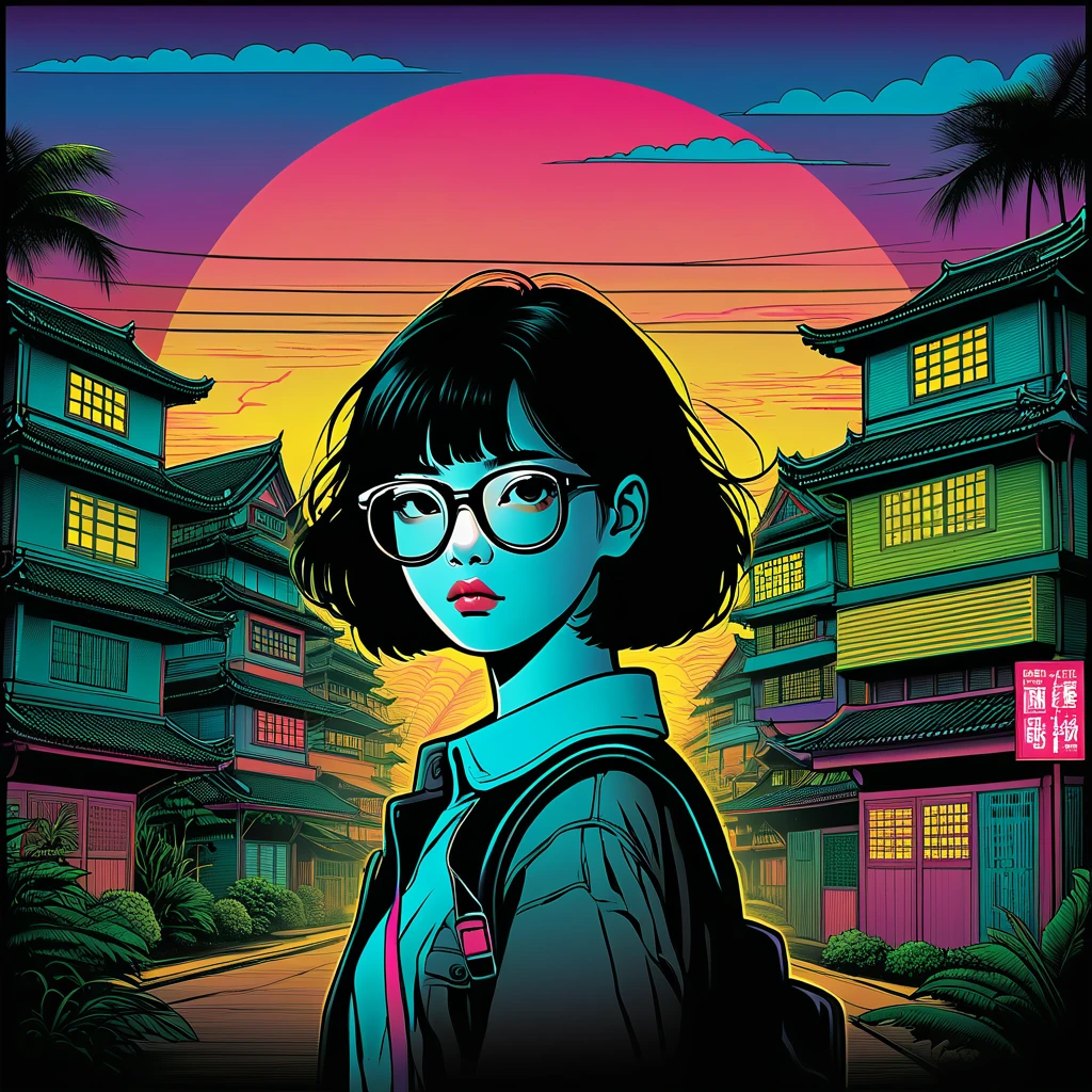  illustration、art、80s thai horror movie poster,  Supervised by Junji Ito、(  high school students :1.0)、 Knight 、town、 attention to detail,  realistic shadows、 analog style, chromatic aberration,  surrealism 、Complementary gradients、Glasses、 short bob、