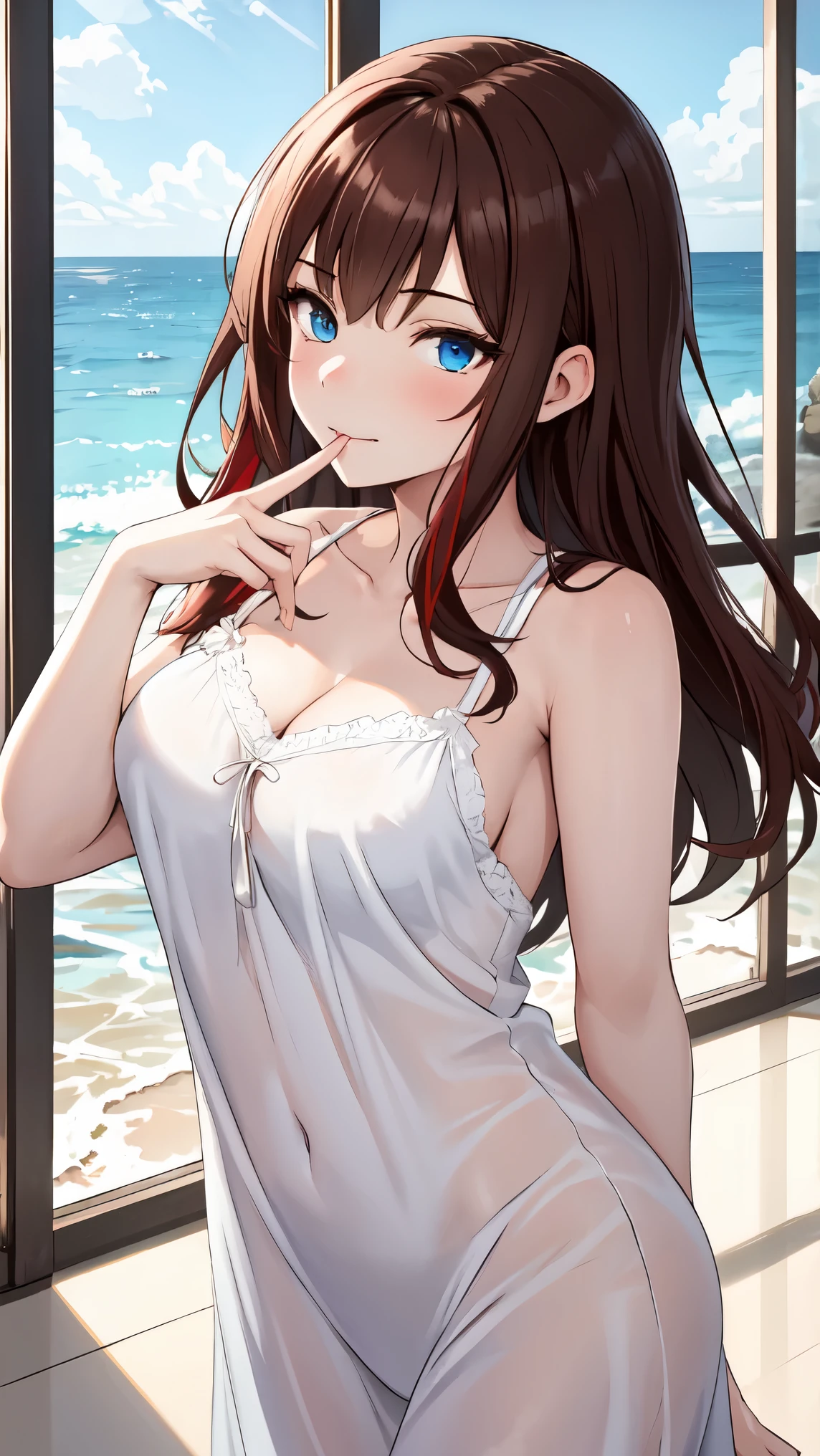 Best work , Young girl , Brown hair with red highlights , Ocean blue eyes , Pure white skin , Just from head to chest , Beautiful hand pointing to mouth , Slender fingers , Upturned face , Arrogant face , Beautiful , Cute , Hot girl , Wearing white sexy nightgown , Sexy girl , Perfect picture , Perfect , Quality picture