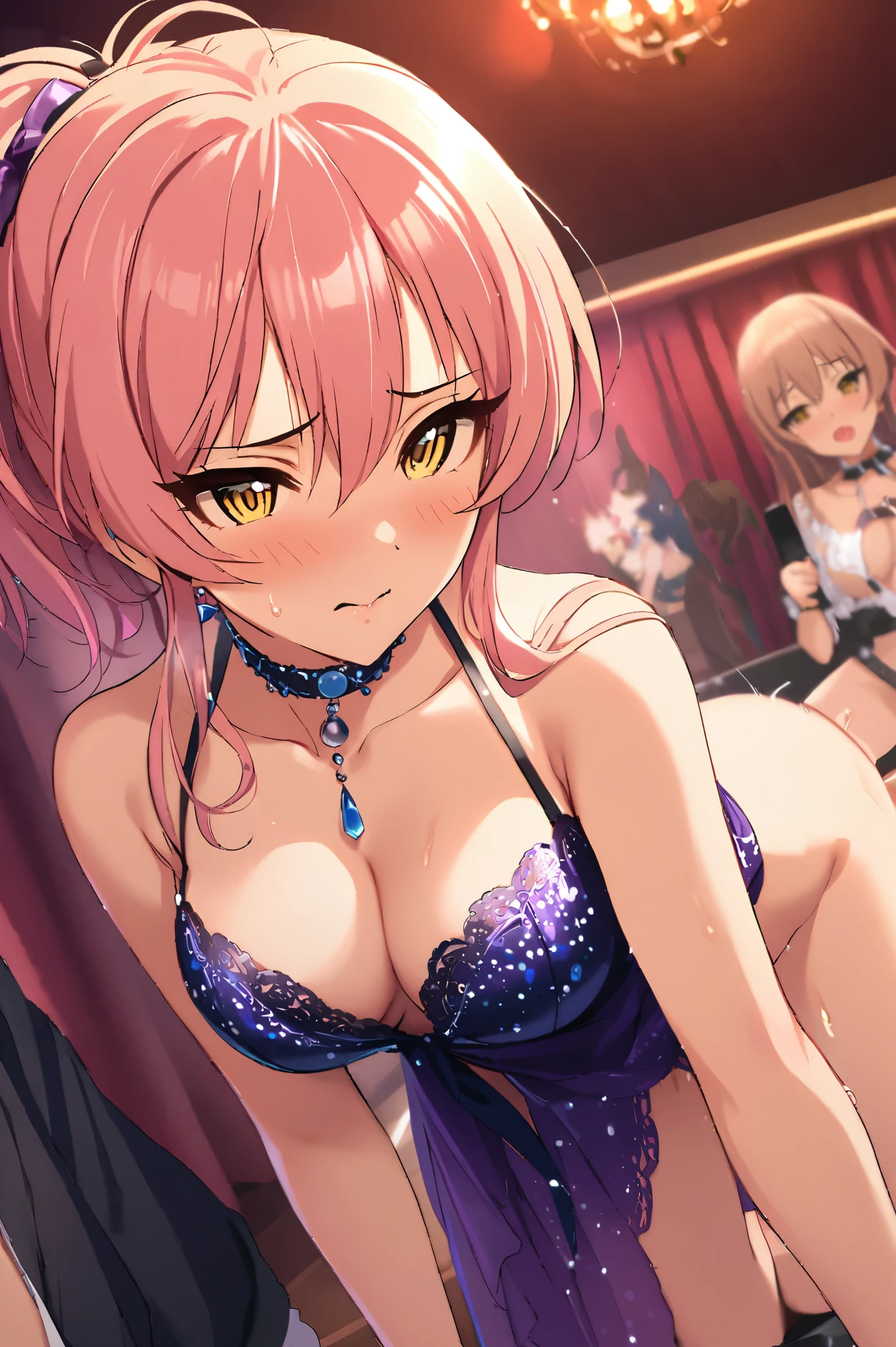 NSFW,masterpiece,Best Quality, Kampala, very detailed ,Mika Jougasaki \( The Idolmaster Cinderella Girls\),Pink Hair、 yellow eyes,(Sex slave:1.5), evening dress ,Chest cut-in, choker, cabaret club,pubic hair,Embarrassed,blush