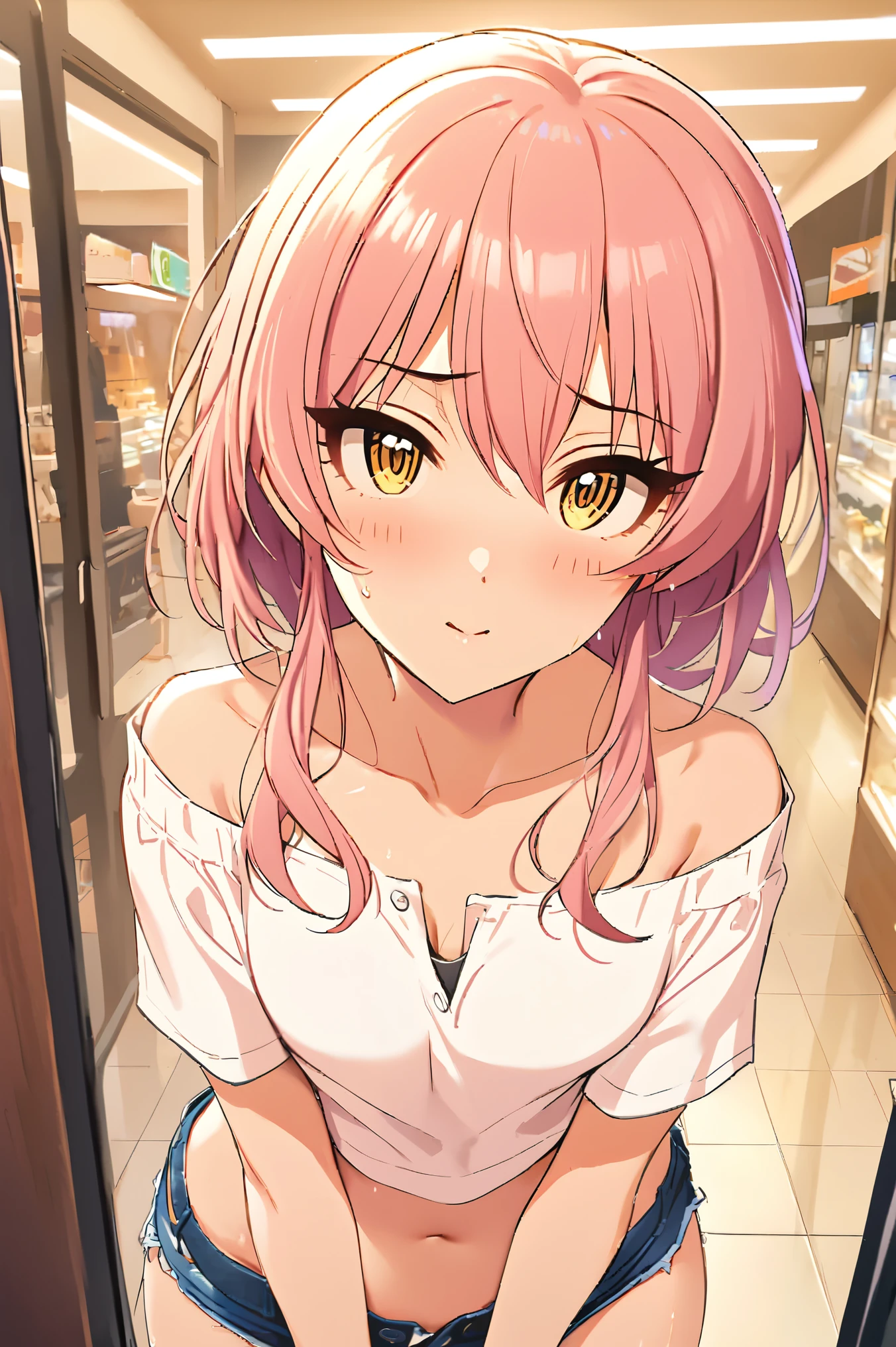 NSFW,masterpiece,Best Quality, Kampala, very detailed ,Mika Jougasaki \( The Idolmaster Cinderella Girls\),Pink Hair、 yellow eyes,(Sex slave:1.5), casual, off shoulder, crop top,blush, Shopping Mall