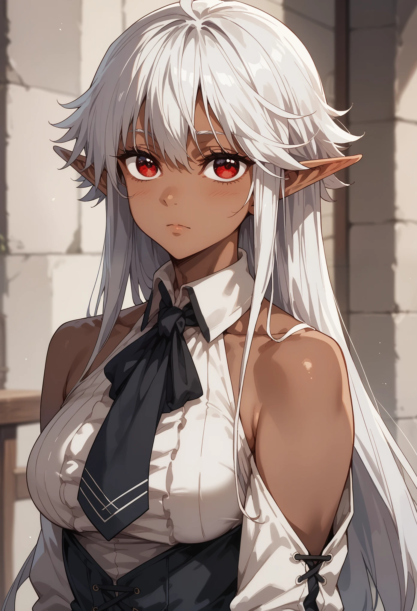 Reanette Elfelt,white hair,red eyes,dark skin elf