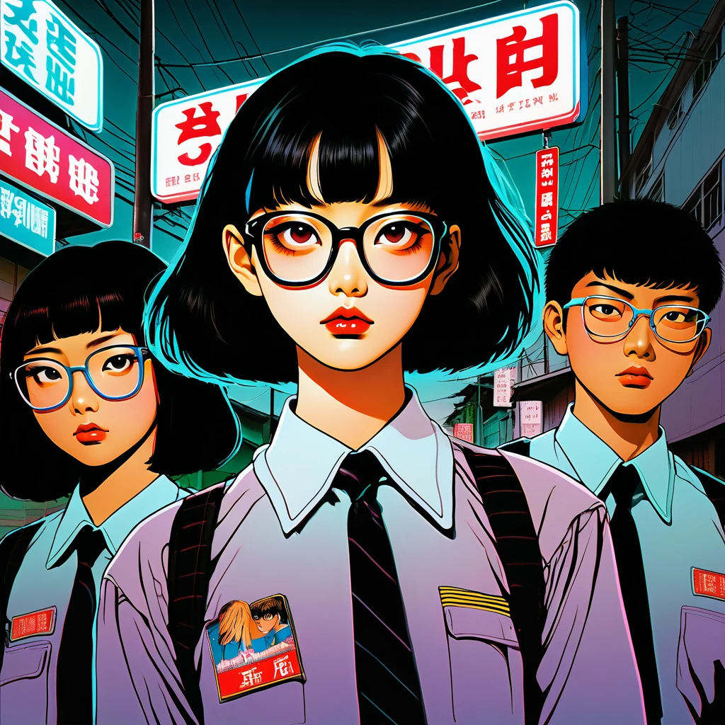  illustration、art、80s thai horror movie poster,  Supervised by Junji Ito、(  high school students :1.0)、 Knight 、town、 attention to detail,  realistic shadows、 analog style, chromatic aberration,  surrealism 、Complementary gradients、Glasses、 short bob、