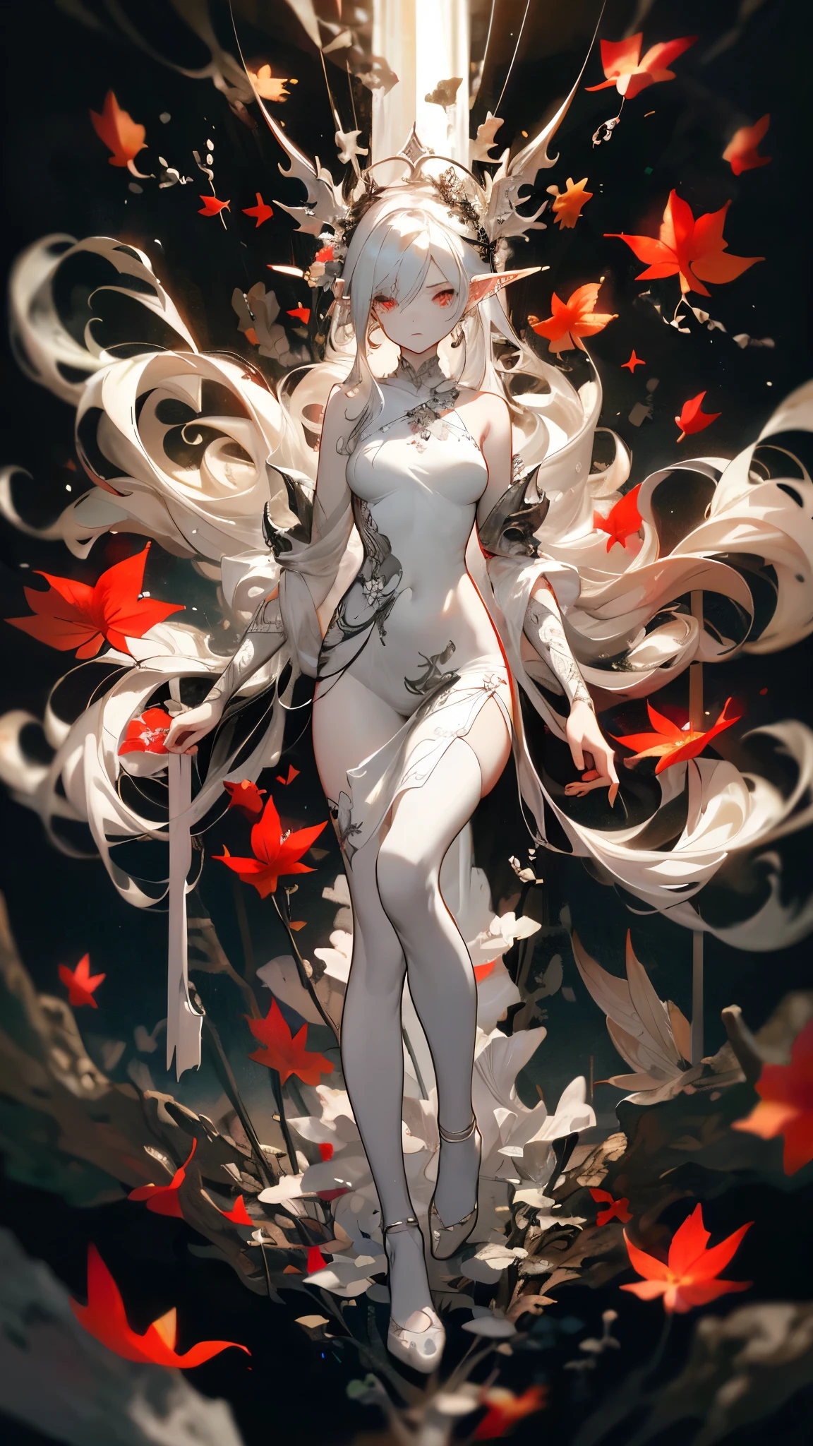 Very delicate and beautiful CG illustrations, best quality, high resolution, Dynamic angle, Full length shot, (1 girl), A beautiful half-human, half-dragon girl with yellow eyes and long, straight white hair.., float, soft light, High-key backlighting) Posing, looking back with a smile