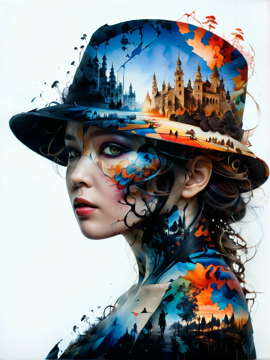 mysterious silhouette kazakh woman with hat, by Minjae Lee, Carne Griffiths, Emily Kell, Steve McCurry, Geoffroy Thoorens, Aaron Horkey, Jordan Grimmer, Greg Rutkowski, amazing depth, double exposure, surreal, geometric patterns, intricately detailed, bokeh,  perfect balanced, deep fine borders, artistic photorealism , smooth,  great masterwork by head of prompt engineering   hyperkraximalism  