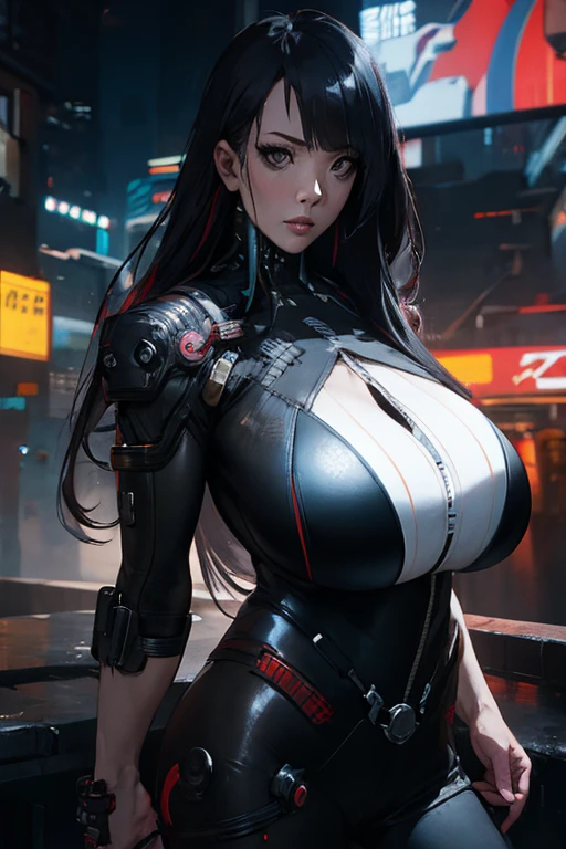 1girl, solo, cowboy shot, detailed face, perfect face, perfect eyes, realistic eyes, perfect fingers, Character design, beautiful woman, netrunner, hacker, Ghost in the Shell, Bladerunner 2049, Cyberpunk 2077, cybernetic implants, sci-fi, cyberpunk esthetic, cyberpunk background, long hair, black eyes, gigantic breasts, hitomi-t