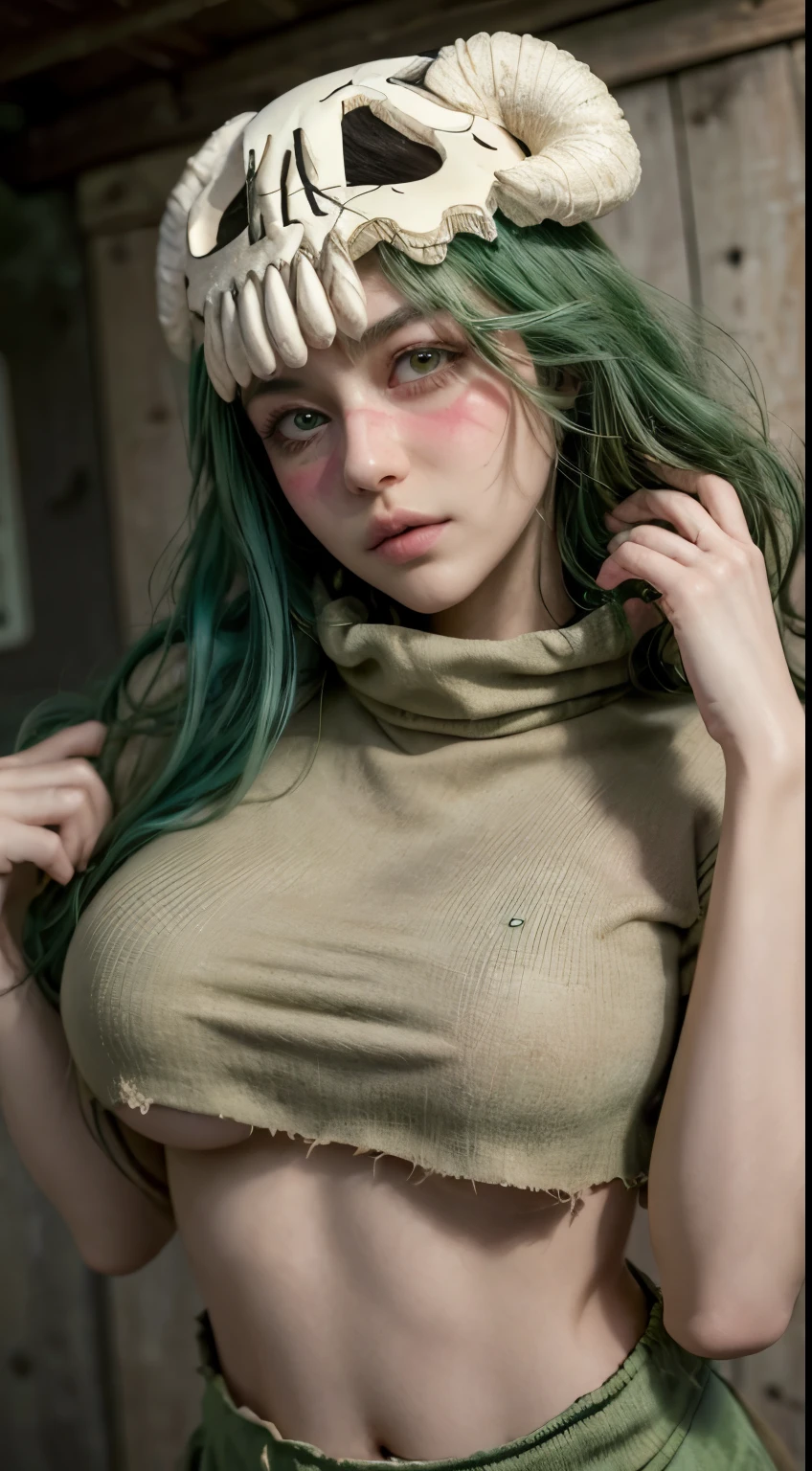 realista, textura detalhada, (masterpiece, best quality:1.2), cowboy shot, solo, 1girl, odelschwanck, expressionless, closed mouth, looking at viewer, hand in own hair, green hair, skull, torn clothes, underboob, skirt