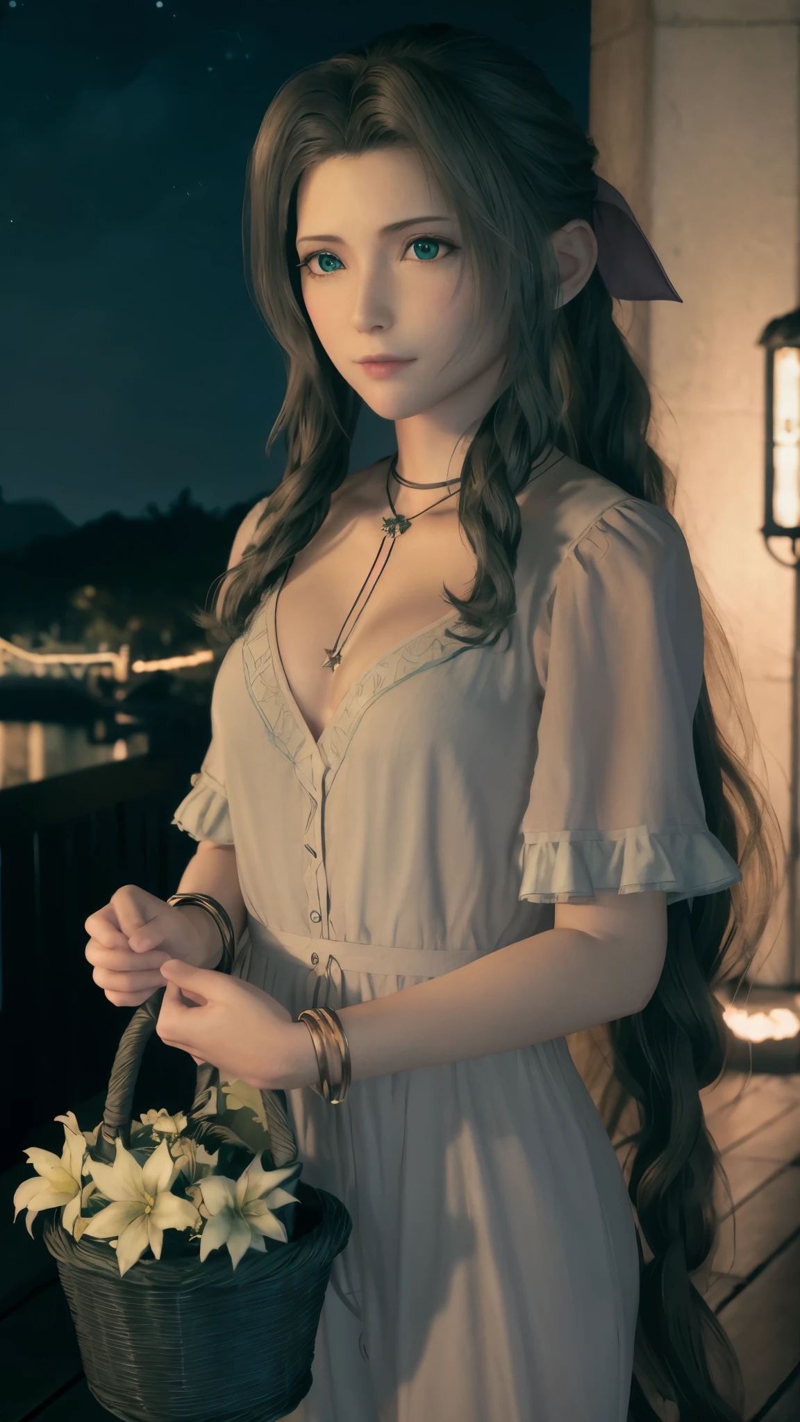 Like the picture, CG, Best Quality,  highly detailed masterpiece ,  Highly Detailed CG Unity 8K Wallpaper, fine, Best Quality, incredibly absurdres,   very detailed beautiful detailed 1 girl ,  Aerith Gainsborough , Solo,  along the Thames ,  light texture and light on the face ,  wears a latex suit that fits her whole body ,  black latex catsuit,  latex suit PVC , Long-haired,  Necklace ,  JEWELRY,  dark green eyes ,  has a basket ,  lip details , As a Westerner , Have、 has very detailed green eyes and very detailed eyes,  watching viewers , smile, Against the background of the garden, flower,  glowworms , turquoise blue starry sky , Milky Way, Stars that shine on a dark night ,first round.