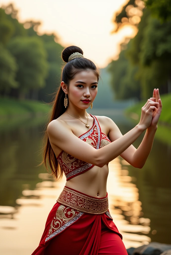 one woman , in thai dress, dancing in thai posture, in front of river,(best quality,4k,8k,highres,masterpiece:1.2),ultra-detailed,(realistic,photorealistic,photo-realistic:1.37),extremely detailed eyes and face,beautiful detailed lips,longeyelashes,intricate detailed traditional thai dress,elegant thai dance pose,beautiful river landscape,dramatic lighting,warm color tones,cinematic composition