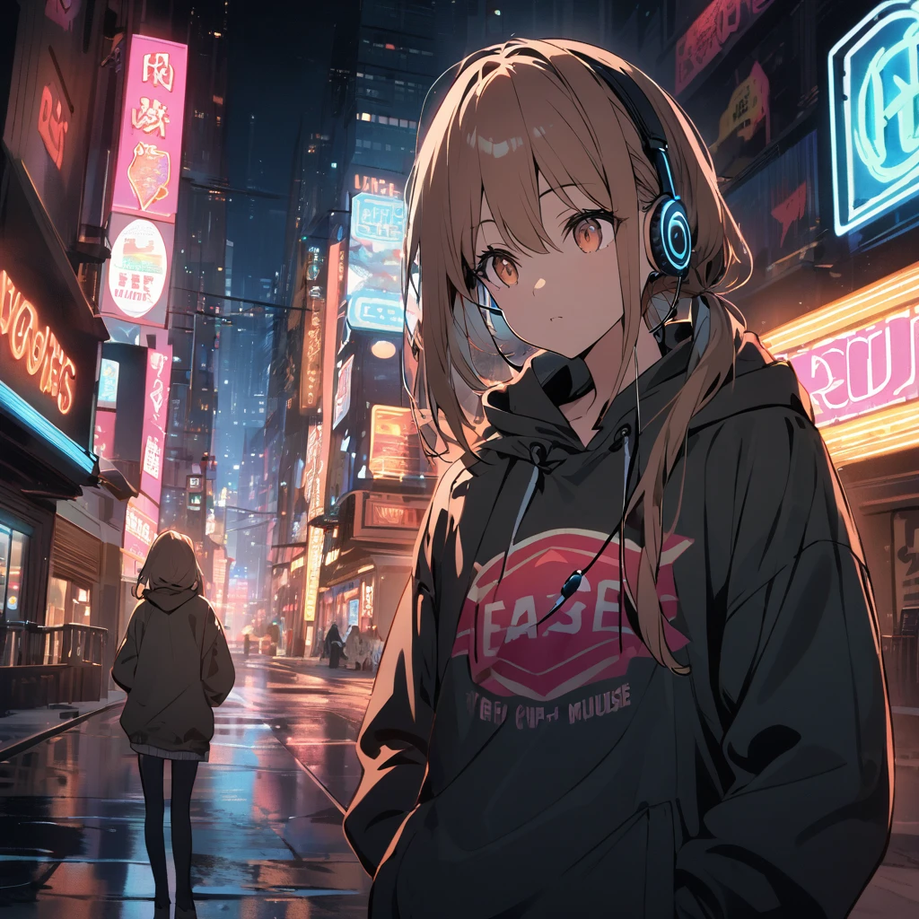 a person wearing a hoodie, standing in a city at night, with neon signs in the background. the person is listening to music with earphones attached to their ears. the background features neon signs of various buildings and signs of neon lights, suggesting a cityscape or a cityscape.