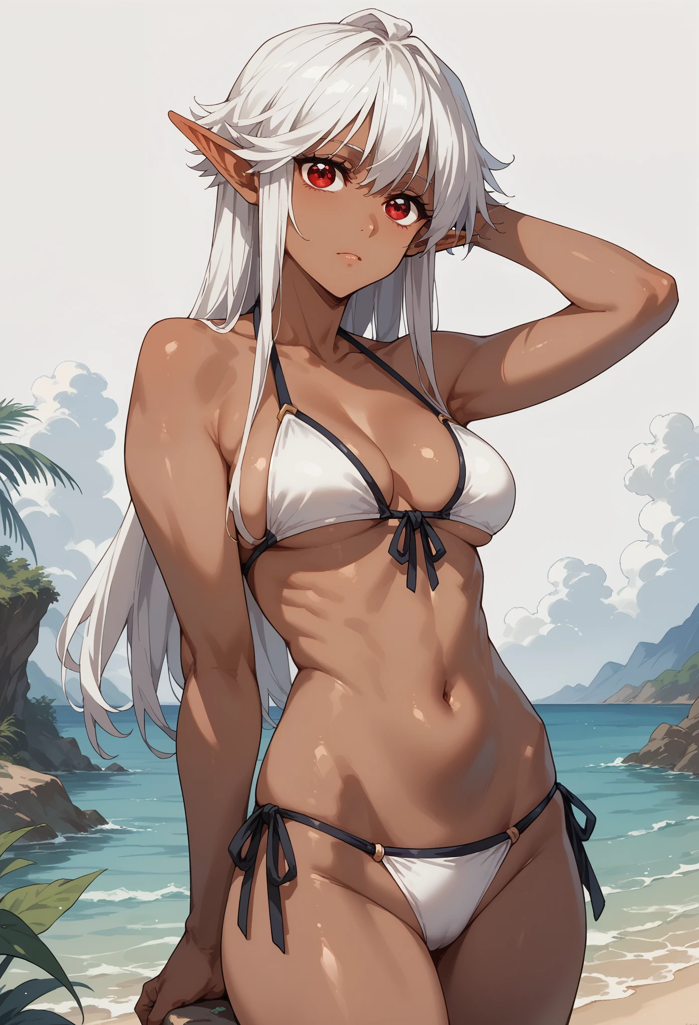 Reanette Elfelt,white hair,red eyes,dark skin elf,bikini
