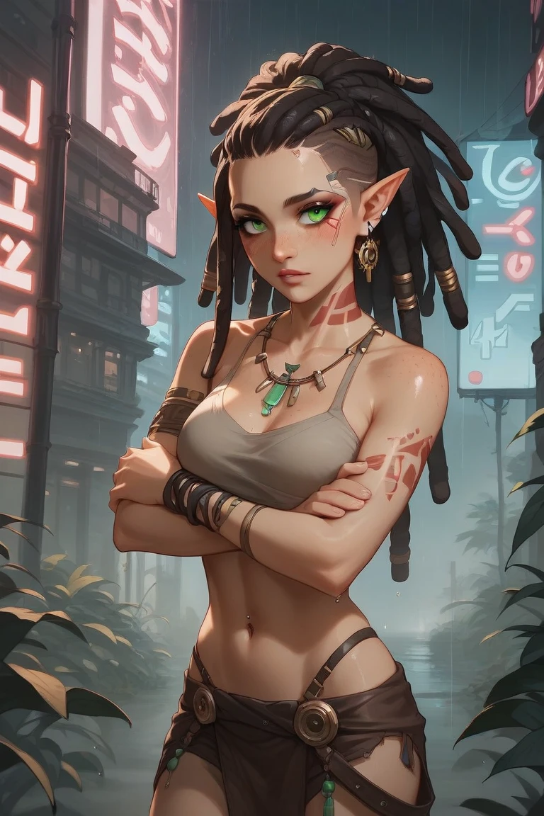 young woman with intense green eyes, adorned black dreadlocks with beads and feathers, warm toffee skin tone with freckles, tribal tattoos on her hands. Wears layered, earthy clothing. short pointy ears. Cyberpunk setting with neon lights, rain-soaked streets, and a futuristic night city backdrop.