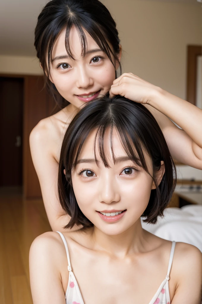  Japanese、8k、 ultra detail 、フォトReal、Realistic and accurate depiction、Realistic and accurate human anatomy、 Kampala、Best Quality、Wife、Perfect cuteness、Random hairstyle、Real、Beauty、Idol、Gentle expression、No makeup、happinessそうな笑顔、masterpiece、refreshing、wife、35歳のwife、 little daughter、Two-shot photo、happiness、2 people、 short hair、Inside a Western-style house、Coming to the camera、happinessそうな表情、A loving smile、happinessそうな親子、No makeup