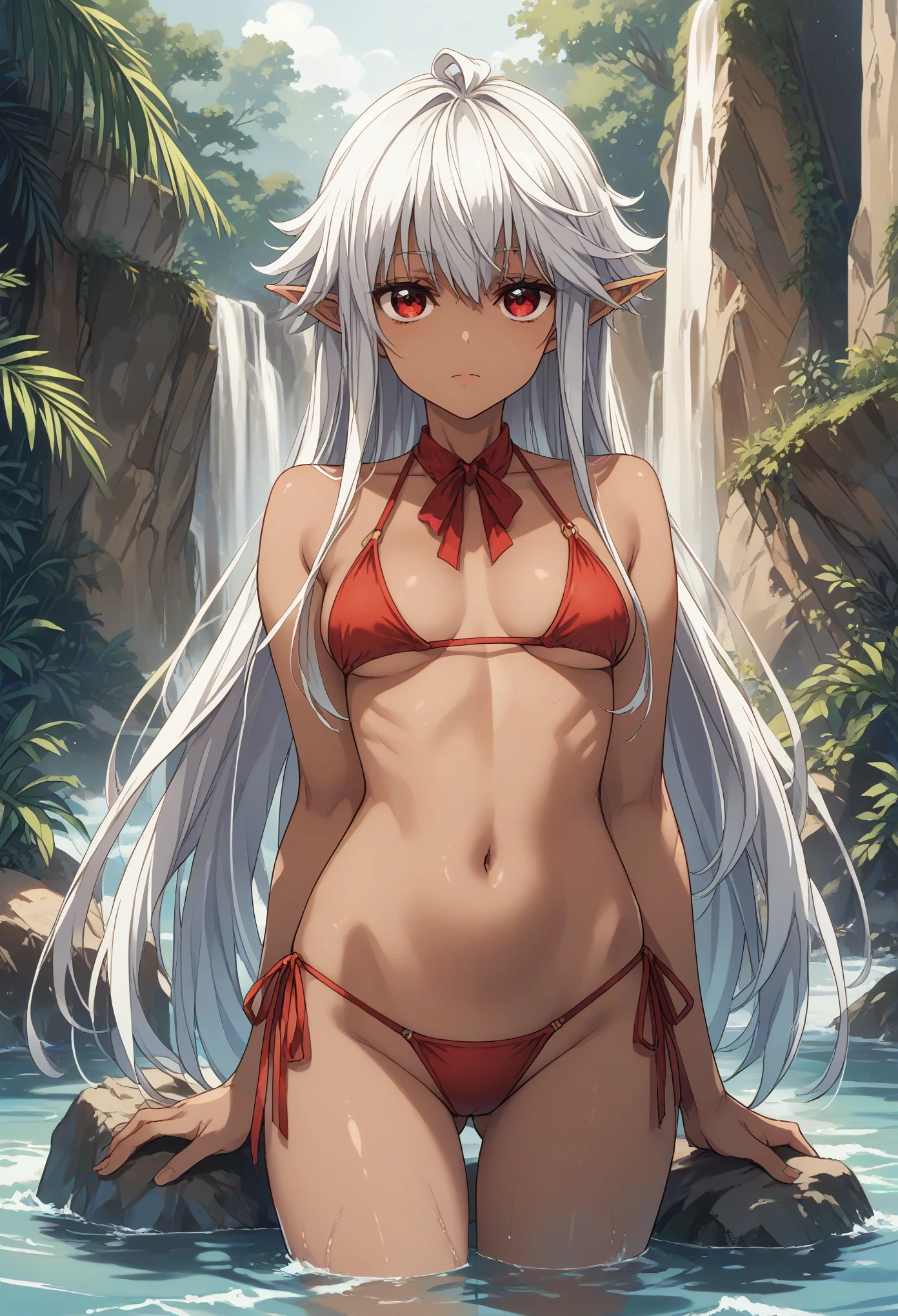 Reanette Elfelt,white hair,red eyes,dark skin elf,bikini
