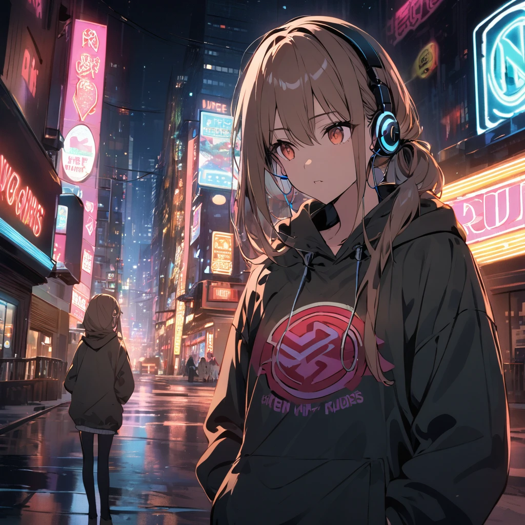 a person wearing a hoodie, standing in a city at night, with neon signs in the background. the person is listening to music with earphones attached to their ears. the background features neon signs of various buildings and signs of neon lights, suggesting a cityscape or a cityscape.