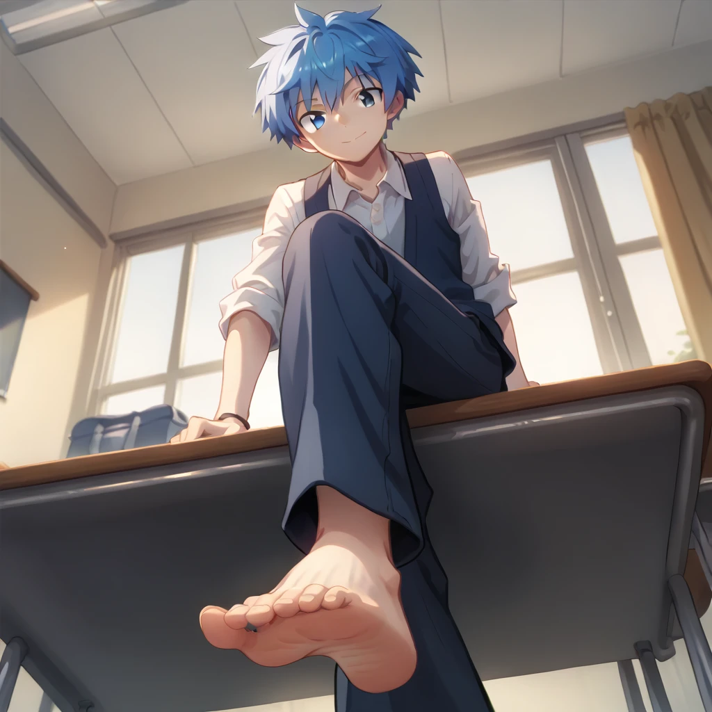 score_9, score_8_up, source_anime,
1boy, Nagisa Shiota, short blue hair, gentle eyes, school uniform, long trousers, alone, looking at viewer, calm expression, cowboy shot, slight smile, closed mouth, anime coloring, in a classroom, barefoot, perfect feet, anatomically correct, HD, line art, sitting at the desk, soles, low angle, focal length 35mm, each foot has five toes, front, foot focus