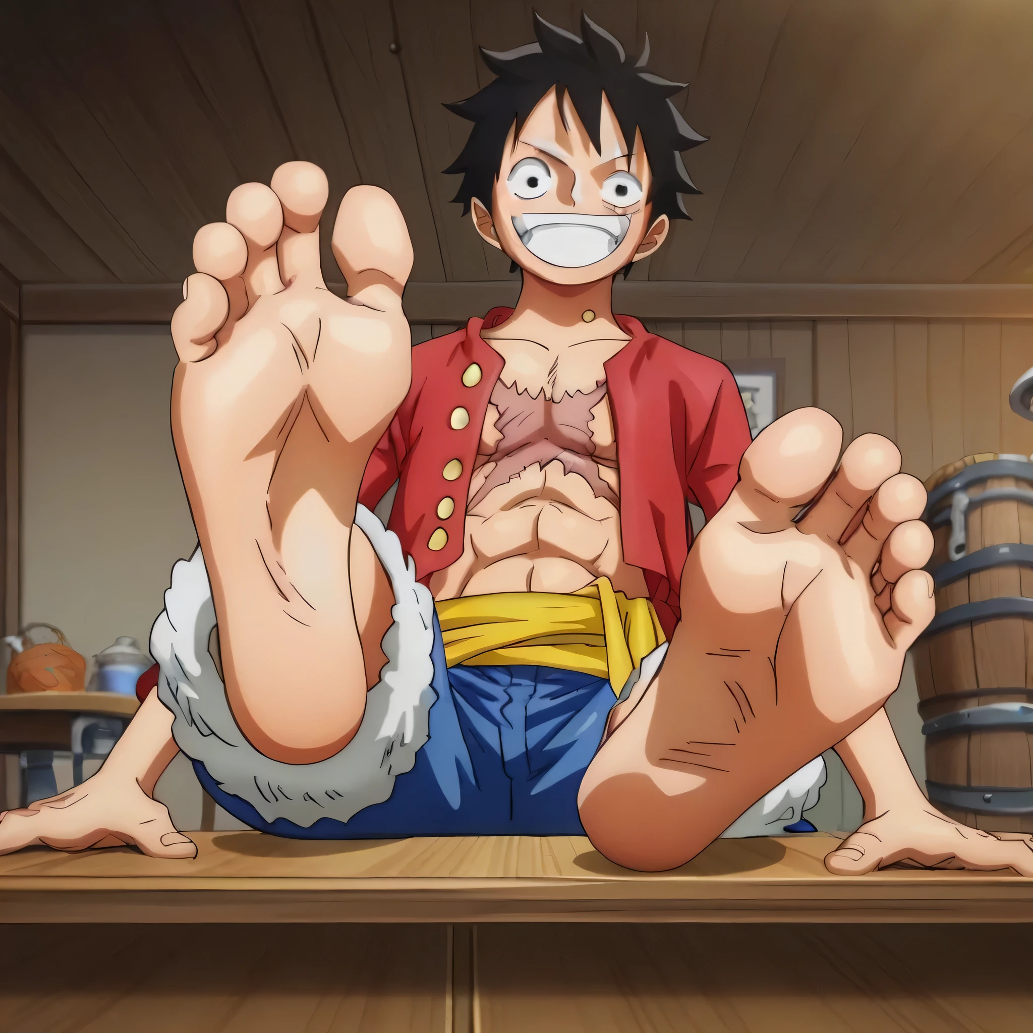 score_9, score_8_up, source_anime,
1boy, Monkey D. Luffy, black messy hair, wide smile, scar under left eye, red vest, open front, blue shorts, clenched fists, in a room, sitting on the table, looking at viewer, cheerful expression, standing, cowboy shot, ANIME SCREENCAP, anime coloring, barefoot, perfect feet, anatomically correct, soles, low angle, focal length 35mm, each foot has five toes, front, symmetrical soles, foot focus