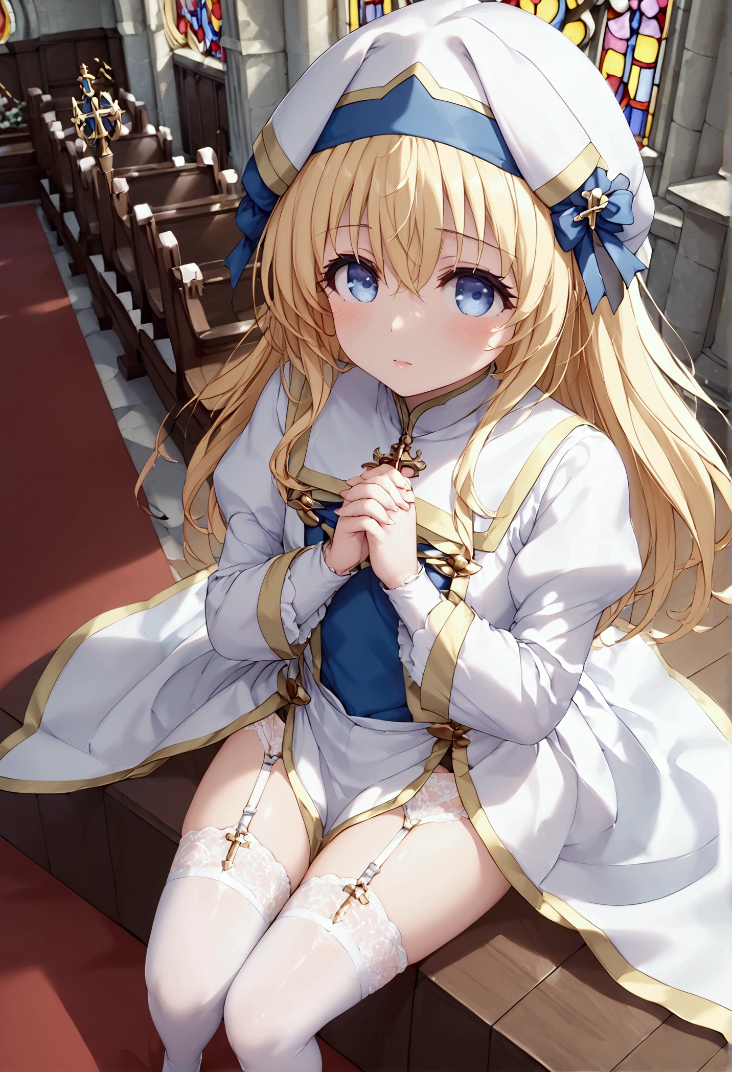  High image quality 、masterpiece、 high quality、Full HD、4K、View from above、sit、Prayer pose with hands together、blonde 、 blue eyes 、 white stockings 、 white garter belt 、Priestess、church