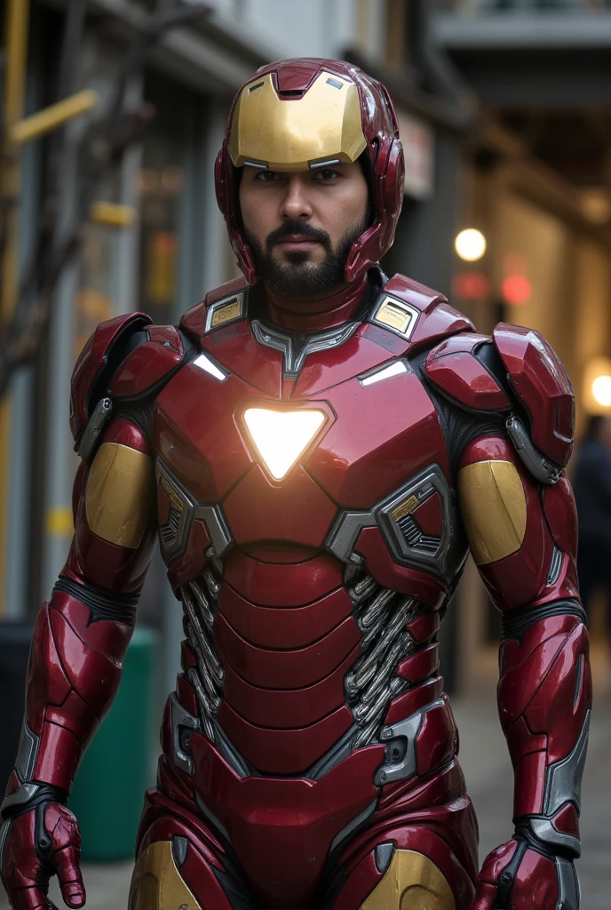 man wearing iron man costume,open mask helmet ,new armor. triangle lamp on chest. Red gold color,iron mark 85. iron machine marvel,big muscle armor,highly detailed,intricate details,cinematic lighting,dramatic shadows,metallic textures,realistic weathering,photorealistic,8k,award winning digital art. Tony stark beard. triangle reactor
