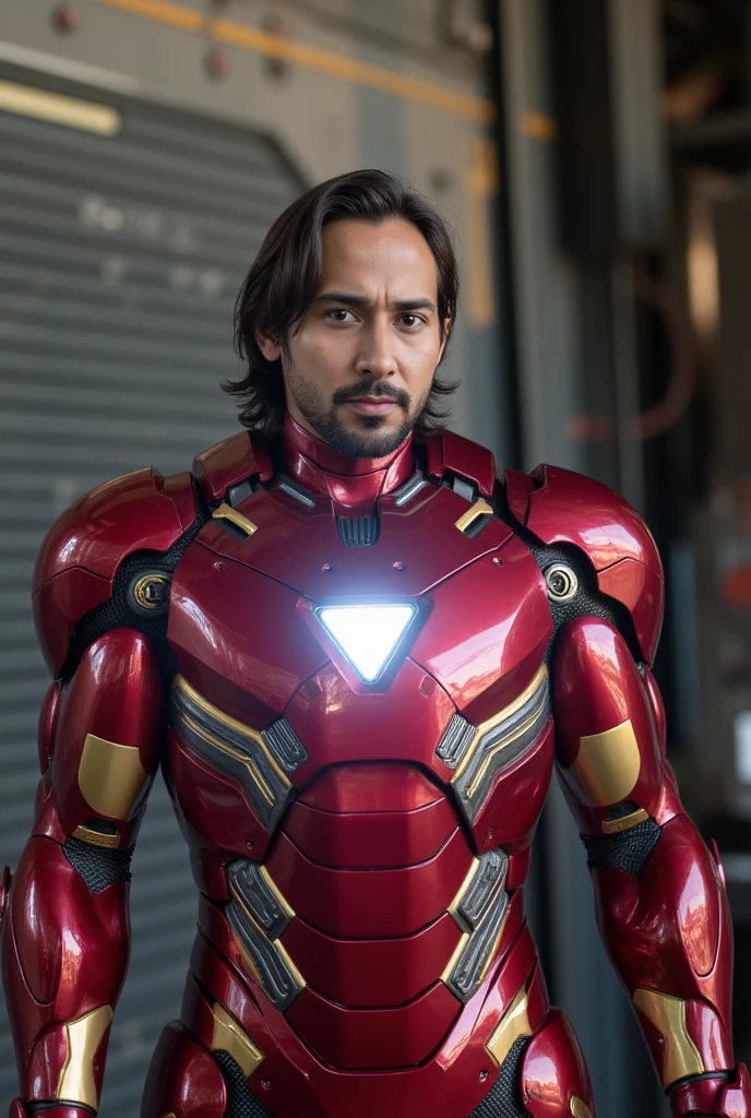 man wearing iron man costume,open mask helmet ,new armor. triangle lamp on chest. Red gold color,iron mark 85. iron machine marvel,big muscle armor,highly detailed,intricate details,cinematic lighting,dramatic shadows,metallic textures,realistic weathering,photorealistic,8k,award winning digital art. Tony stark beard. triangle reactor
