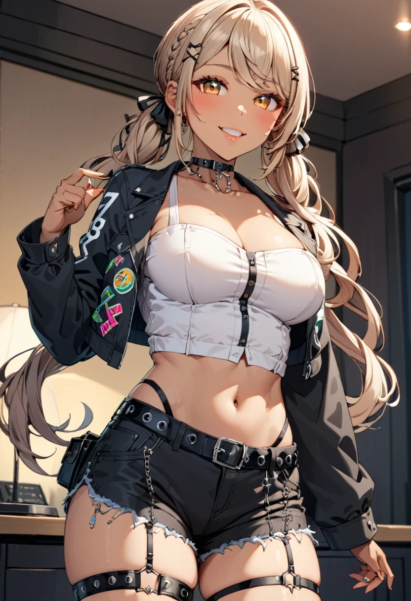 score_9, score_8_up, score_7_up, (masterpiece, best quality), Intricate details, indirect lighting, 
upper body, (Focus on the breasts),  looking at viewer, standing, 1girl, medium breasts, 
BREAK
gyaru, dark skin, long hair, low twintail, hair ribbon, hairclip, choker, cropped jacket, black jacket, white shirt, midriff, black shorts, thigh strap, smile