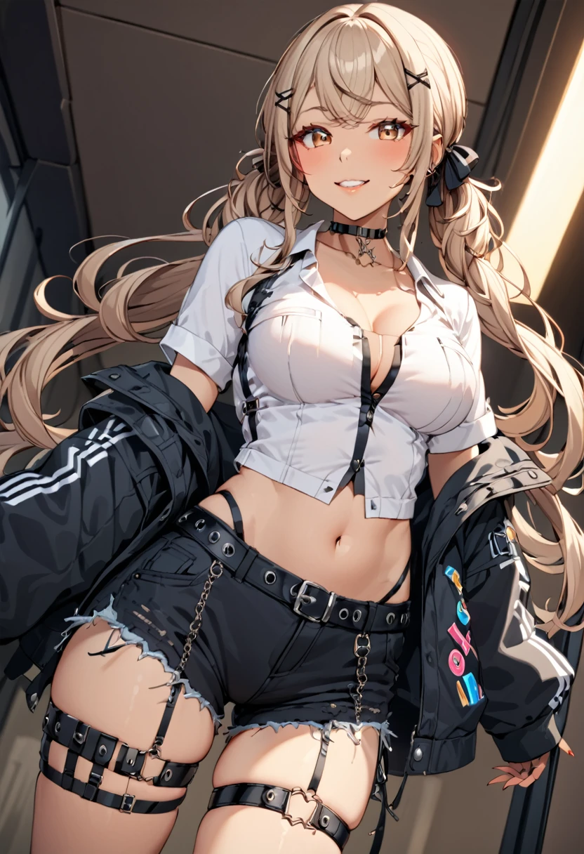 score_9, score_8_up, score_7_up, (masterpiece, best quality), Intricate details, indirect lighting, 
upper body, (Focus on the breasts),  looking at viewer, standing, 1girl, medium breasts, 
BREAK
gyaru, dark skin, long hair, low twintail, hair ribbon, hairclip, choker, cropped jacket, black jacket, white shirt, midriff, black shorts, thigh strap, smile