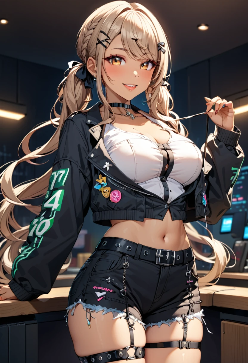 score_9, score_8_up, score_7_up, (masterpiece, best quality), Intricate details, indirect lighting, 
upper body, (Focus on the breasts),  looking at viewer, standing, 1girl, medium breasts, 
BREAK
gyaru, dark skin, long hair, low twintail, hair ribbon, hairclip, choker, cropped jacket, black jacket, white shirt, midriff, black shorts, thigh strap, smile