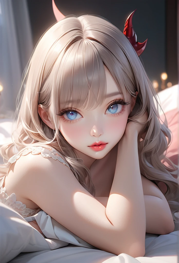 (16k ultra-fine CG wallpaper, masterpiece, Excellent picture quality, Super exquisite), (Excellent light and shadow, Exquisite and beautiful), truly smooth skin, bright face, girl in skirt, bare shoulders, Lying prone on the big white bed, Eyes like colorful gems look at you.