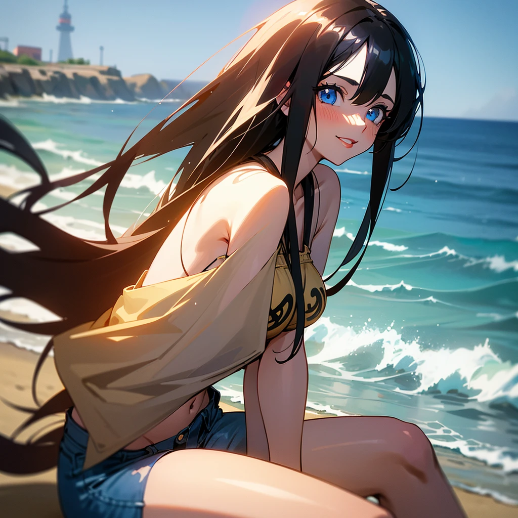 1 girl,  long hair , high resolution, breasts, Rice, blue eyes,  Fringe between the eyes, Necessary, HD model,  black hair , dark hair, shiny hair, Light blush,  red lips, shy, Vanishing point, silhouette, Scanlines, ANIME STYLE, anime, Illustration, one piece, straight hair, Alone,  Textured skin , smiling, sitting, beach, cadeira de beach, sitting na cadeira de beach, sand on the body, horizon, horizon com nuvens, sea view, swept fringe, Hair intakes, hair in the wind, bikini, May, short jeans, sparkling eyes, Excited, Holding my breath, Alone, One piece, Boa hancock, Hancock Motion lines,  projected shade , 