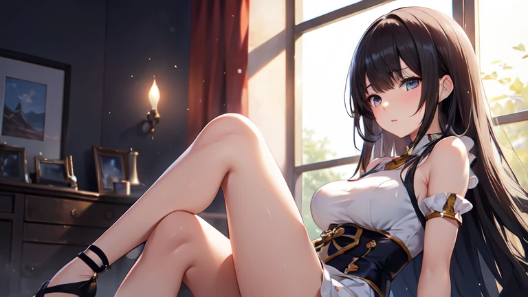 anime character adult female, dress,  Long hair with bangs , Sitting, masterpiece,  best quality ,  detailed skin ,  meticulous eyes ,8K, Good light blocking properties,  beautiful brushstrokes ,  Detailed Background , Good anatomy  