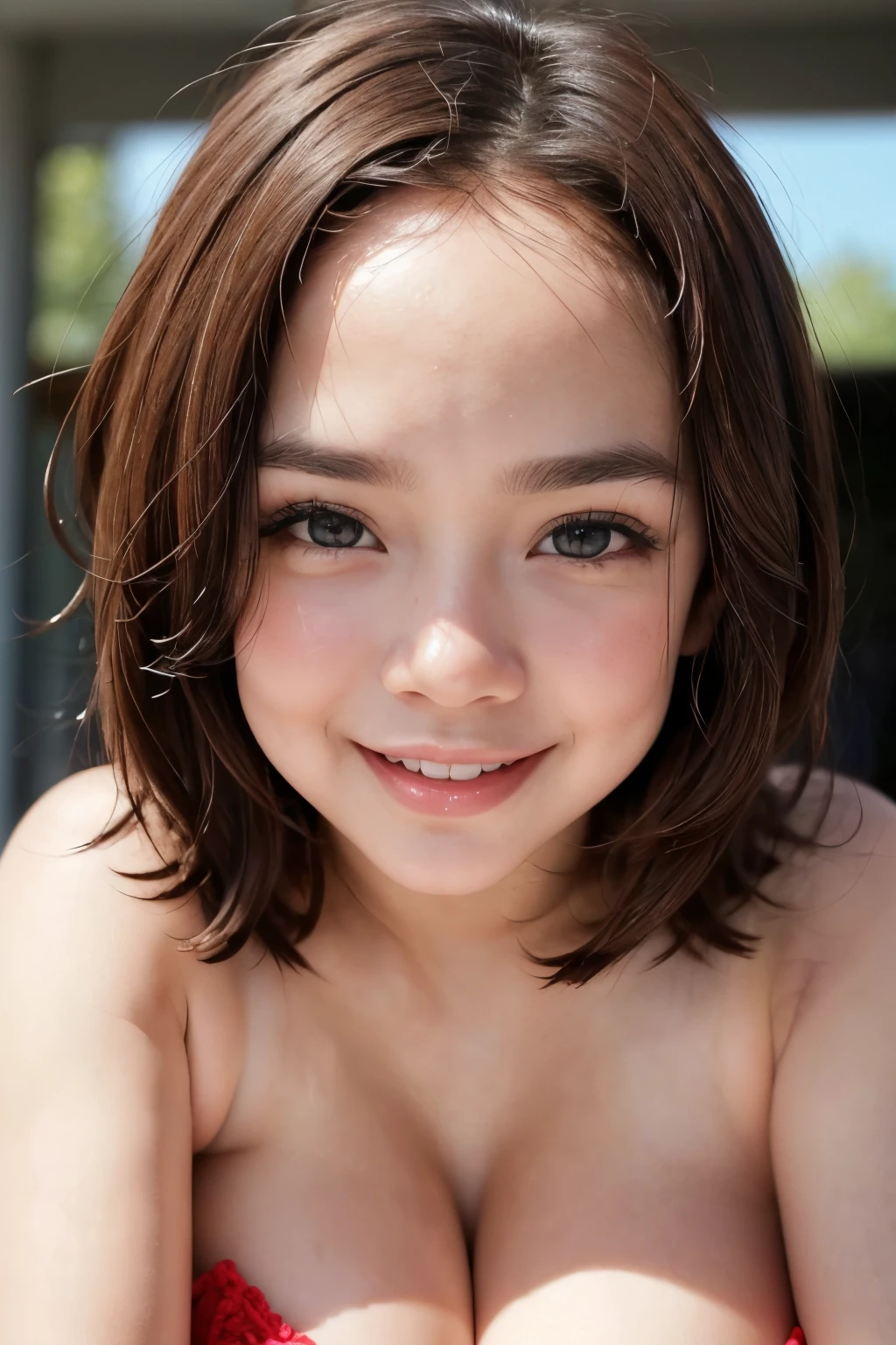 (tetek:2.1), ((4x-UltraSharp)), (CHEERFUL FACE EXPRESSION:1.3), Chubby adorable, 1 girl, (face to face), , , happy, half body portrait, (face details: 1), (eye details: 1), Cute posed. proportional body. Ultra High Res. realistic: 1.4, UHD, ((Gigantic:1.19)), ((Stylo Stylish Shorthaircut)), MEDIUM BODY PORTRAIT, (naked white).