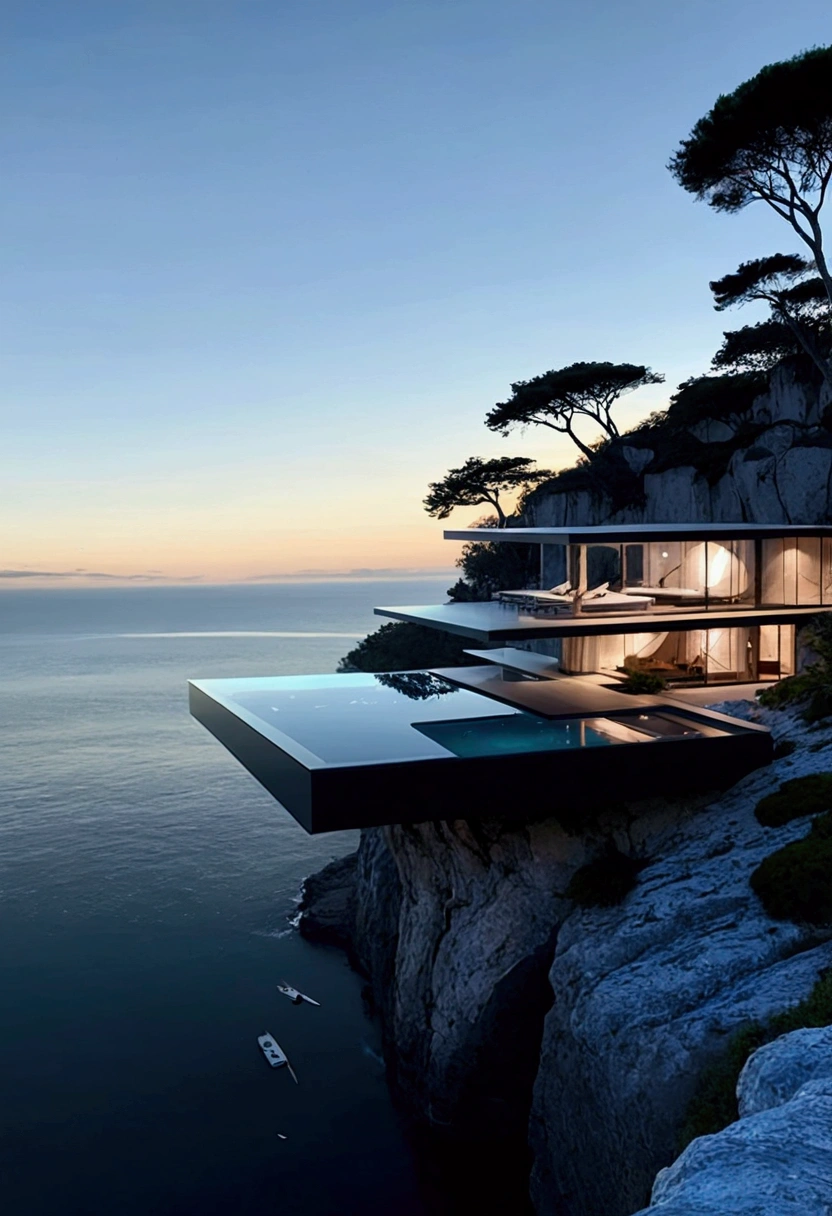 
The image showcases a breathtaking modern architectural marvel set against a serene ocean backdrop. The building features an infinity pool on an upper deck that seamlessly blends with the horizon, creating a mesmerizing visual effect. Below this level is a spacious, open-air living area with minimalist furniture, including lounge chairs, a coffee table, and a sofa, all designed to maximize comfort while maintaining a sleek aesthetic.

The structure is perched on the edge of a cliff, offering stunning panoramic views of the ocean and distant mountains. A large tree nearby adds a touch of natural beauty and contrast to the modern design. The use of glass walls allows for unobstructed views and an abundance of natural light, enhancing the feeling of being immersed in the surrounding landscape.

Overall, the image exudes a sense of tranquility, luxury, and harmony with nature, making it an ideal setting for relaxation and contemplation.