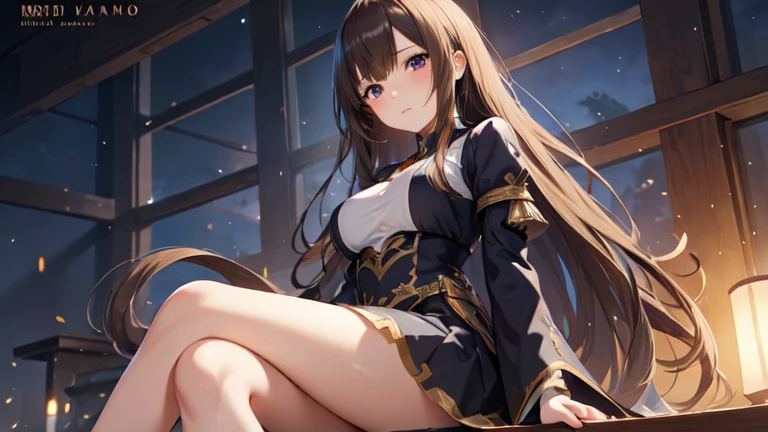 anime character adult female, dress,  Long hair with bangs , Sitting, masterpiece,  best quality ,  detailed skin ,  meticulous eyes ,8K, Good light blocking properties,  beautiful brushstrokes ,  Detailed Background , Good anatomy  