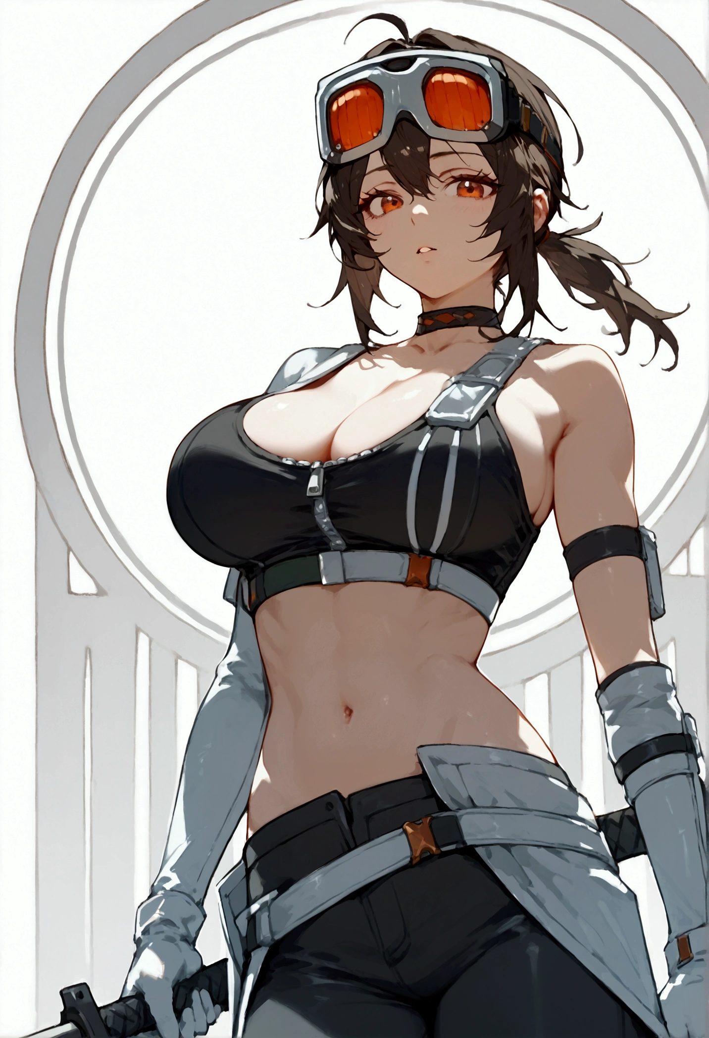 score_9, score_8_up, score_7_up, score_9, BREAK, 1girl, large breasts, solo, score_9, score_8, score_8_up, gracehd-ponyxl, 1girl, black choker, black gloves, white gloves, black pants, black sports bra, elbow gloves, goggles on head, looking at viewer, low ponytail, parted lips, white gloves, zipper, belt