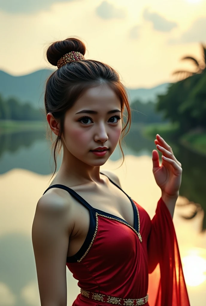 one woman , full body, in thai dress, dancing in thai posture, in front of river,(best quality,4k,8k,highres,masterpiece:1.2),ultra-detailed,(realistic,photorealistic,photo-realistic:1.37),extremely detailed eyes and face,beautiful detailed lips,longeyelashes,intricate detailed traditional thai dress,elegant thai dance pose,beautiful river landscape,dramatic lighting,warm color tones,cinematic composition