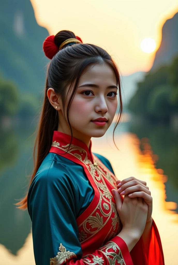 one woman , full body, in thai dress, dancing in thai posture, in front of river,(best quality,4k,8k,highres,masterpiece:1.2),ultra-detailed,(realistic,photorealistic,photo-realistic:1.37),extremely detailed eyes and face,beautiful detailed lips,longeyelashes,intricate detailed traditional thai dress,elegant thai dance pose,beautiful river landscape,dramatic lighting,warm color tones,cinematic composition