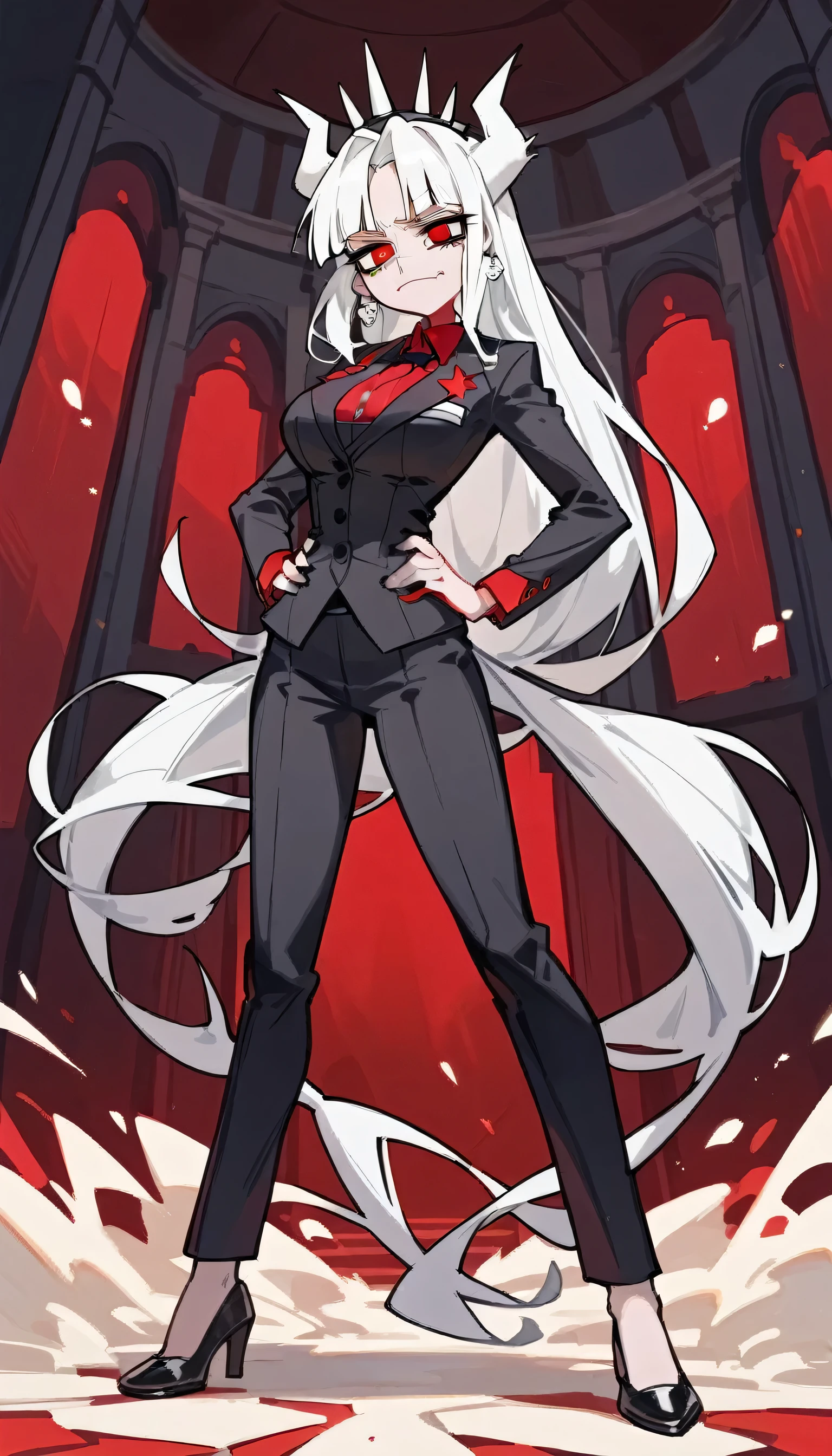 Masterpiece, Best quality, Masterpiece, Best quality, 1 woman , Lucifer (Helltaker) , Long white hair , Red eyes. , Sly face , Suit , Big Breasts , , abdomen , Long legs , Put your hands on your hips.., thighs , shoes 