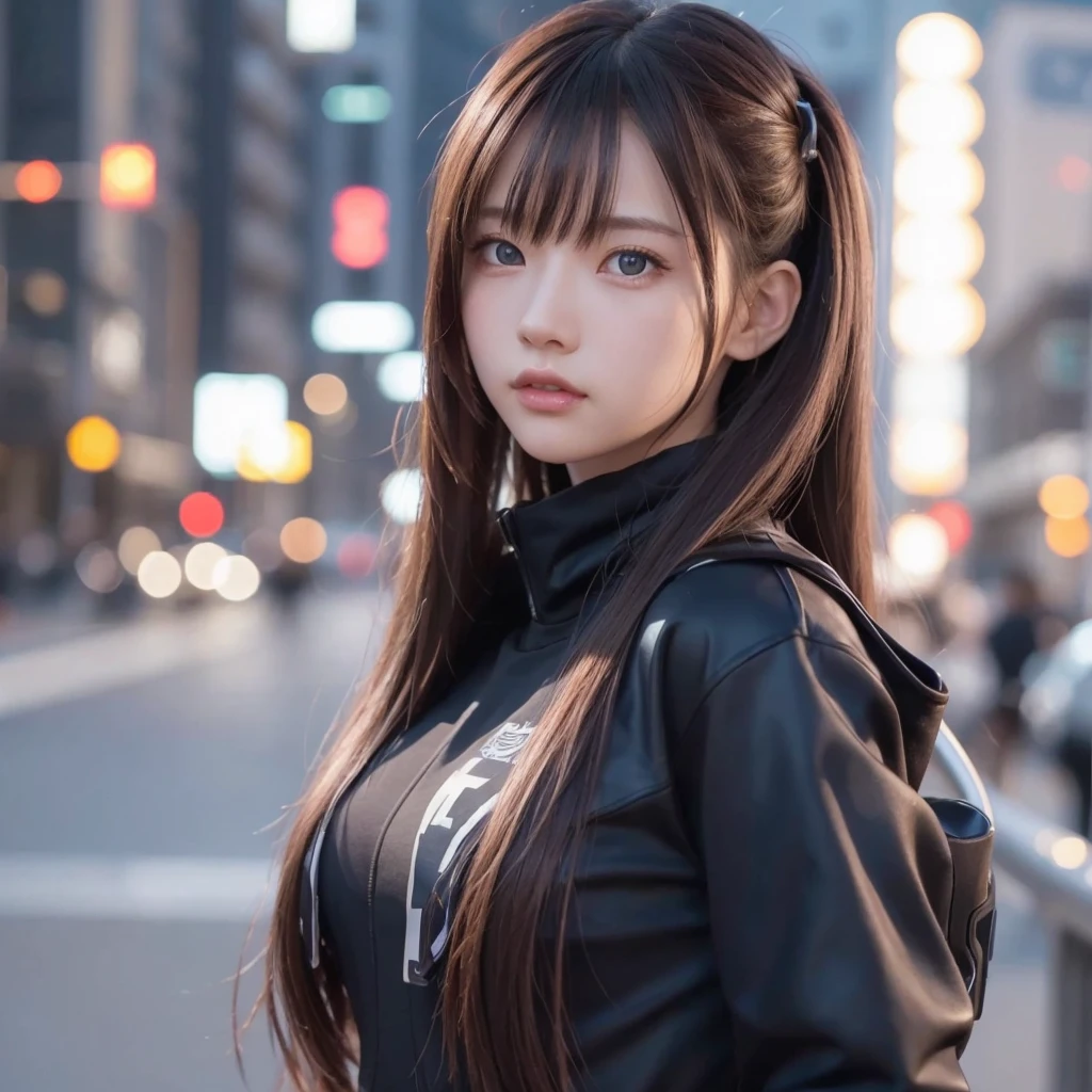 masterpiece ,  girl ,   Red Belly Long Hair  ,  blue eyes  ,  Gradient ,   Perfect Figure , ( Techwear:1.2) ,  Cyberpunk , future , Modern , in  Cyberpunk city,  Light Smile  , Detailed face ,, , (8k,   最high quality 1.2),  Super detailed,  8K Ultra HD,,  soft lighting ,  high quality,  film grain,   Beautiful lighting,, ( like a movie:1.4) , perfect body , Best lighting,  best shadow ,  Sharpness, Contrast,