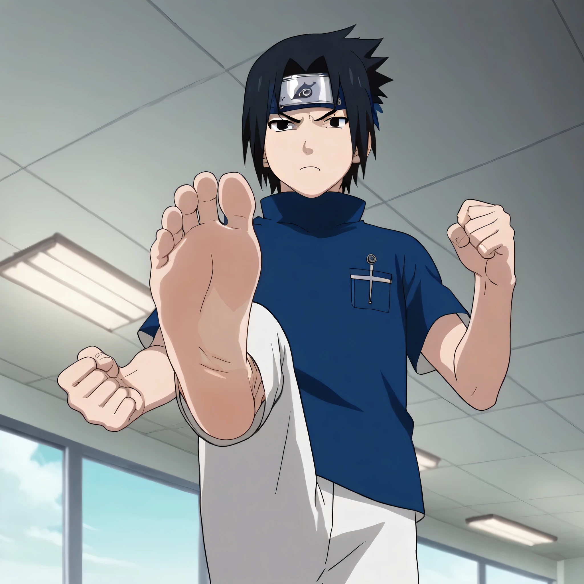 score_9, score_8_up, source_anime,
1boy, Sasuke Uchiha, black hair, short spiky hair, dark eyes, navy blue high-collar shirt, short sleeves, white trousers, clenched hands, alone, looking at viewer, serious expression, standing, cowboy shot, ANIME SCREENCAP, anime coloring, in the hospital, barefoot, perfect feet, anatomically correct, soles, low angle, focal length 35mm, each foot has five toes, front, symmetrical soles, foot focus