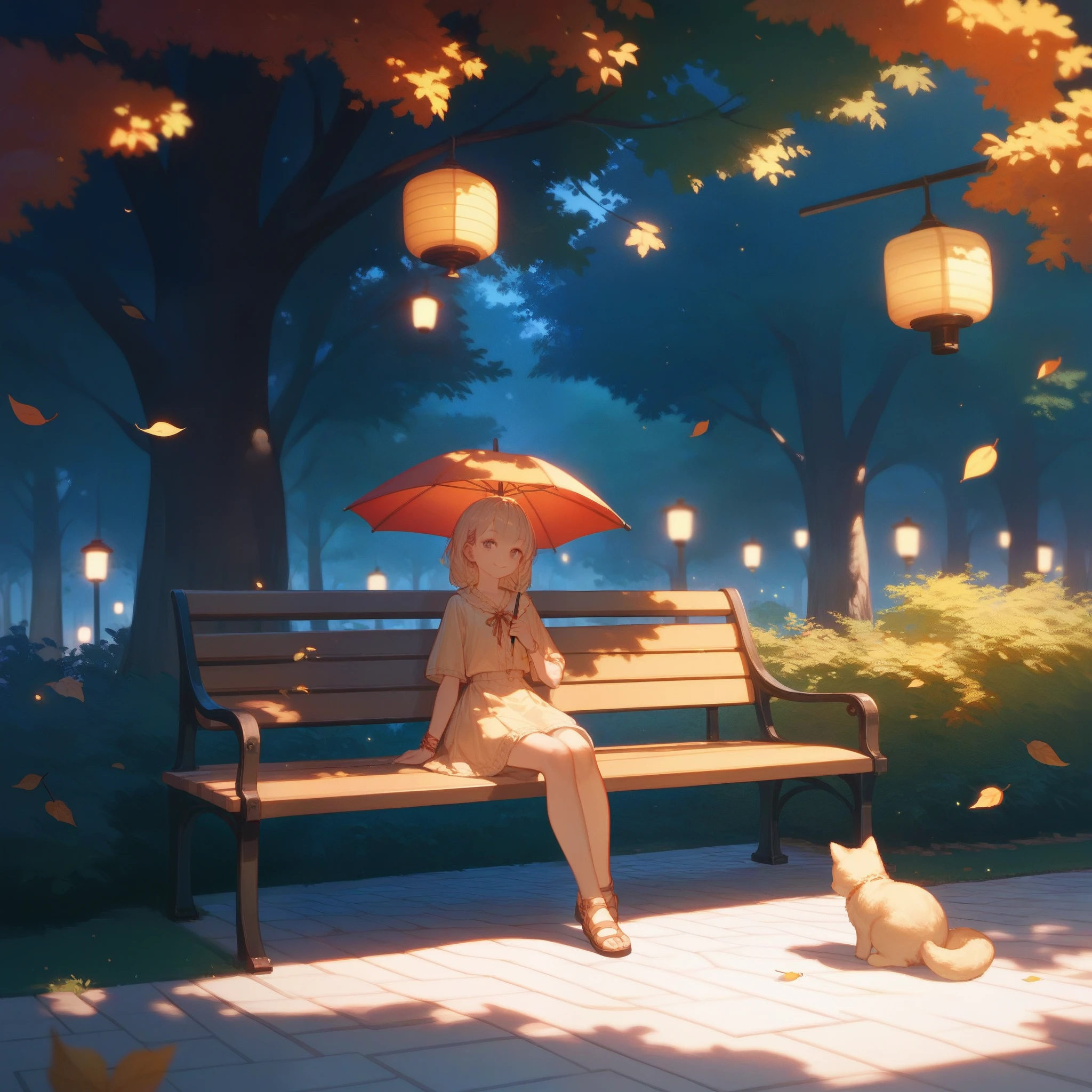 score_9, score_8_up, score_7_up, score_6_up, score_5_up, score_4_up, anime, Sailar Moon ,  Sits in the Park , bench, umbrella, tree, leaves, sidewalk,  Warm Clothes, Lanterns, sunny, smile,  Vivid Emotions ,