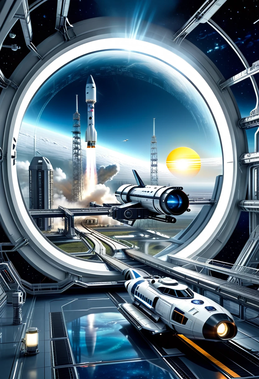 Look outside through a flashing window,An extraterrestrial big city,with space station and energy center located in a futuristic moon habitat,moon buggy,The space station are rendered in a digital illustration style with a focus on the futuristic architecture of the habitat,Houston Rocket launch site,satellite,((A High-speed train)),(The space station and High-speed train wire frame holograms:1.4),
rendered in the style of a 3D rendering,photographed professionally with professional lighting and color grading to appear hyper realistic,blue and white,
(the space station body do not glow:1.2),(dark blue background:1.2),(nebula and Sun:1.3),High-speed train,