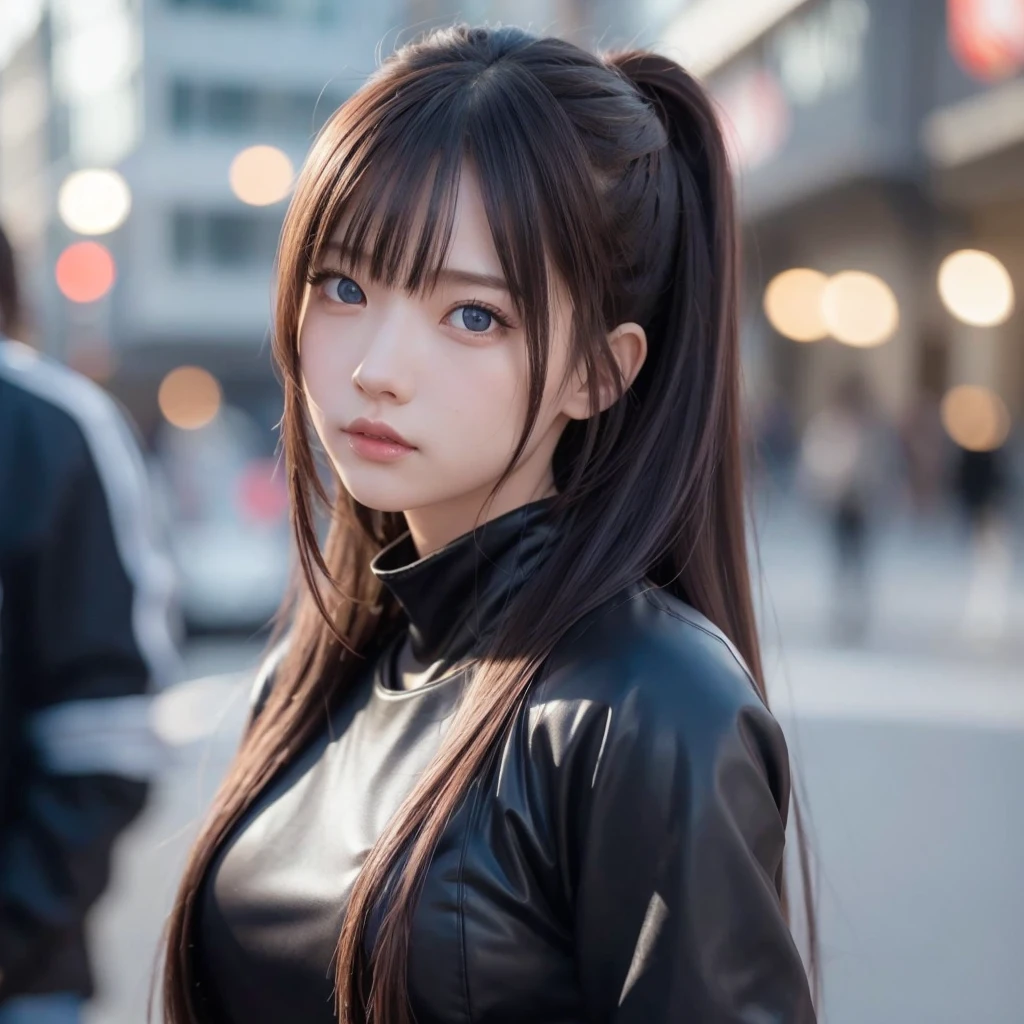 masterpiece ,  girl ,   Red Belly Long Hair  ,  blue eyes  ,  Gradient ,   Perfect Figure , ( Techwear:1.2) ,  Cyberpunk , future , Modern , in  Cyberpunk city,  Light Smile  , Detailed face ,, , (8k,   最high quality 1.2),  Super detailed,  8K Ultra HD,,  soft lighting ,  high quality,  film grain,   Beautiful lighting,, ( like a movie:1.4) , perfect body , Best lighting,  best shadow ,  Sharpness, Contrast,