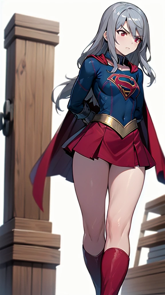 (whole body), (masterpiece:1.2), (Highest_quality:1.2), (Ultra_ Details:1.3), 8k,Low Angle，From below， 1 girl，Alone，Big Ass Girls, Annoyed face，Glare， Viewers ，Center of chest, barefoot，Red long boots,( supergirl)，Laura Bodewig, Long Hair, (Red eyes:1.3), Grey Hair,  red skirt ， skirt boosts short ,， skirt standing on a wooden pillar.， has her skirt blown in the wind， red cloak，Gloves，simple background，White background，(You can see a blue leotard under the )，Iron Collar,   place your arms behind your back, Iron handcuffs, bondage, Tied up,