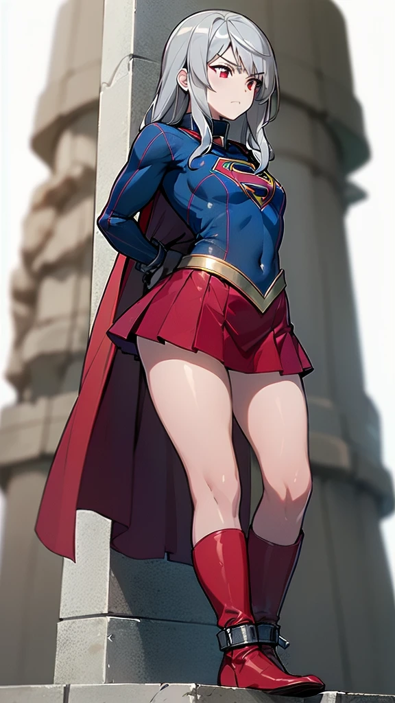 (whole body), (masterpiece:1.2), (Highest_quality:1.2), (Ultra_ Details:1.3), 8k,Low Angle，From below， 1 girl，Alone，Big Ass Girls, Annoyed face，Glare， Viewers ，Center of chest, barefoot，Red long boots,( supergirl)，Laura Bodewig, Long Hair, (Red eyes:1.3), Grey Hair,  red skirt ， skirt boosts short ,， skirt standing on a wooden pillar.， has her skirt blown in the wind， red cloak，Gloves，simple background，White background，(You can see a blue leotard under the )，Iron Collar,   place your arms behind your back, Iron handcuffs, bondage, Tied up,