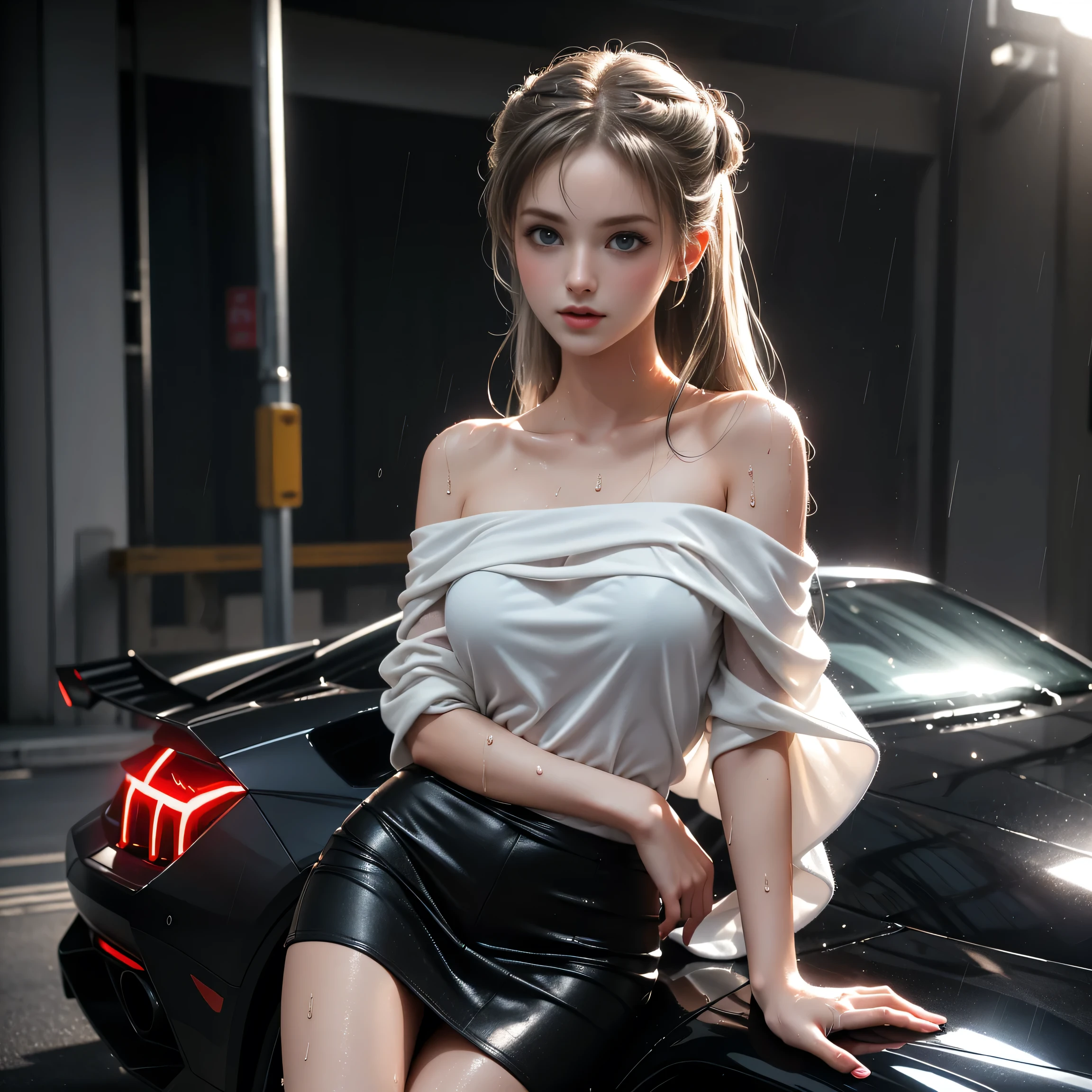 (( girl getting out of a sports car at lakeside park))、(RAW shooting、 photorealistic :1.5、8k、Highest image quality、Famous Paintings、 ultra high resolution)、 Perfect Dynamic Composition :1.2、 Highly Detailed Skin and Face Textures:1.2、Wet slim high school girl :1.3、Sexy beauty、 perfect style :1.2、 Aesthetically Beautiful 、Fair skin、 very beautiful face 、(Rain dripping all over my body:1. 2、  wet hair :1.4,  wet hair :1.2),  Water Drops on Skin , ( medium chest, Chest gap), (Shy laughter,  expression when feeling intense caress, Facial expression when feeling pleasure), (Beautiful Blue Eyes),  perfect body by Pubis, perfect fingertips Highest quality work,Actual Work, Ultra Premium Graphics ,8K HD CG Works, High Definition Graphics ,High-definition CG works,10x pixels,Extremely fine detail:1.1,Advanced Technical Details:1.1  photorealistic ,Natural Light:1.5. Light effects(Virtual Light Effects:1.8),(RAW shooting、((luxury car Lamborghi 2 、Huracan))、 photorealistic :1.5、8k、Highest)、( dynamic pose),((Off Shoulder Black Mini Tank Top 、 black tight miniskirt))、photograph、Sharpness、 Unique 850 4 、 Koda 850k Portrait Camera 、F1。mm lens、Ultra-realistic texture、 Spectacular Light Texture 。Long legs、 Long Hair Fluttering in the Wind 、((Horizontal bar Highest image quality、live-action、Ultra Premium Graphics、8K HD CG Works、High-quality Graphics、High-definition CG works、10x pixels、Ultra-fine details:1.1、Advanced technical details:1.1 Photorealistic、Indoor lighting effects:1.5、Natural light:1.5.Light effects(Virtual Light Effects :1.8)、長いSilver Hair、Silver Hair、Transparent Hair、Hair with attention to detail( premium hair detail :1。1)Clear Eyes、 beautiful double eyelids 、Sharp eye makeup、Delicate eyelash makeup、Thin eyebrows、( She's wet ),