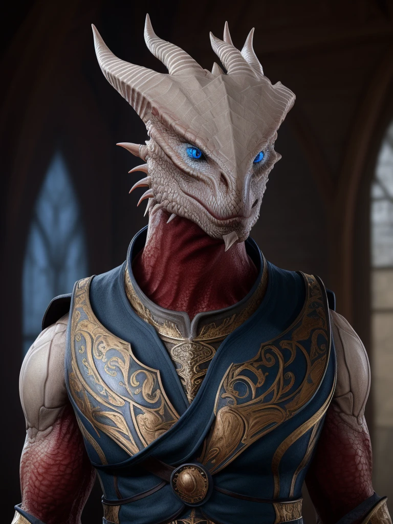 the darkness, Dragonborn \(You don't need a \), white body, blue eyes, eyes, (clothes),  golden armor , vest, You don't need a , medieval, (), front view, Interior,  bust portrait, ( upper body), detailed scale, [red body], realistic, intricate,  ultra realistic 
