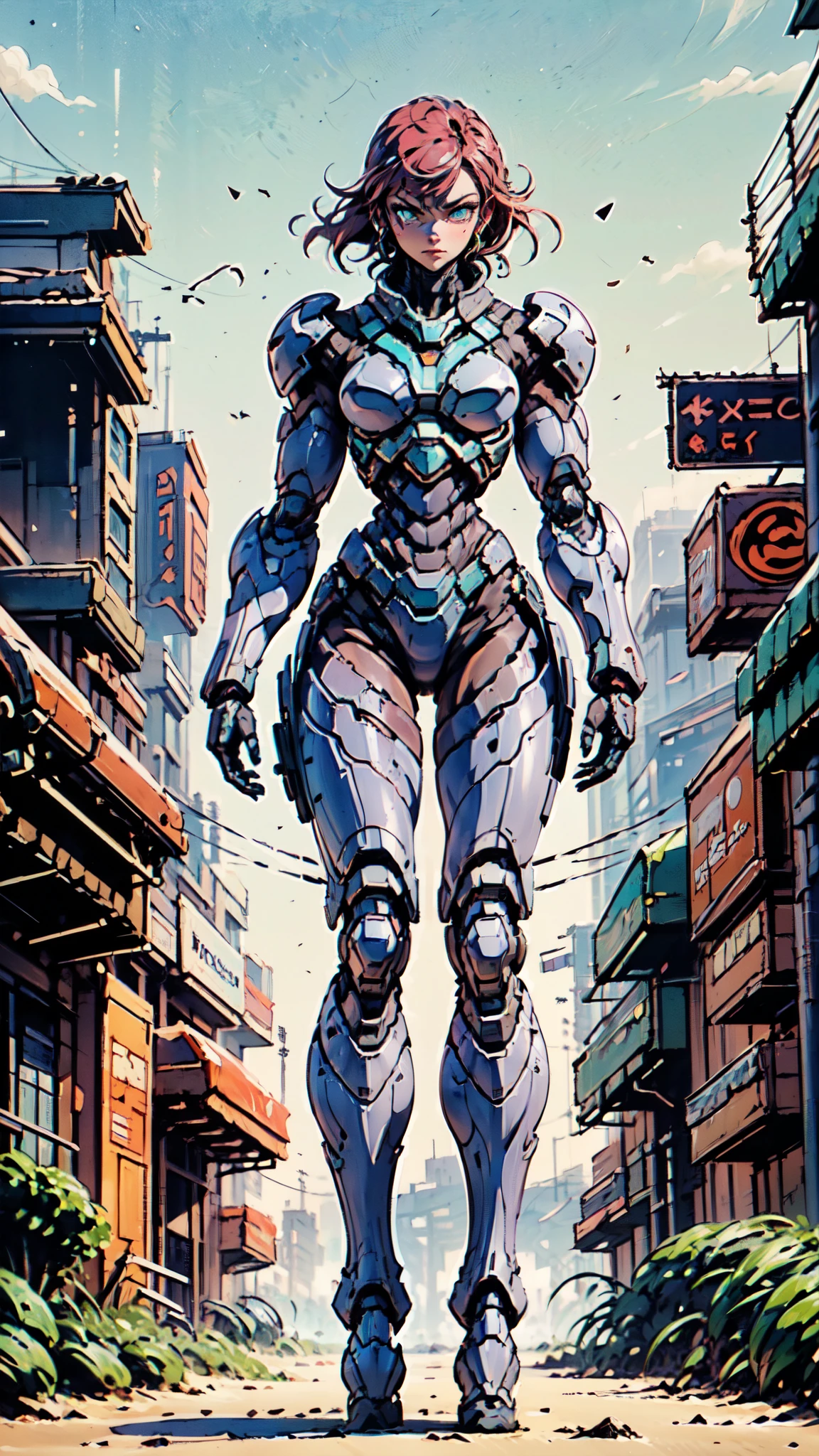 (masterpiece:1.5, best quality:1.5, extremely delicate:1.5), ((Female:1.2)), Biomimetic humanoid Mecha, green eyes, fully enclosed shoulder guards, matching arm and leg guards, gemstone, full body, full armor, the design balances heavy with agility, organic biotech armor, (the color scheme is primarily White and Black with Purple and Red accents, concept Inspired by Ninja, glowing eyes, the armor glows), standing, floating high above the futuristic sci-fi city, a finely crafted Super robot in anime style, exquisite and mature art style, feminine, metallic, dramatic, high definition, highres, ultra-detailed, ultra-fine painting, professional, anatomically correct, symmetrical face, extremely detailed eyes and face, high quality eyes, creativity, RAW photo, UHD, 32k, Natural light, cinematic lighting, (masterpiece-anatomy-perfect:1.2)