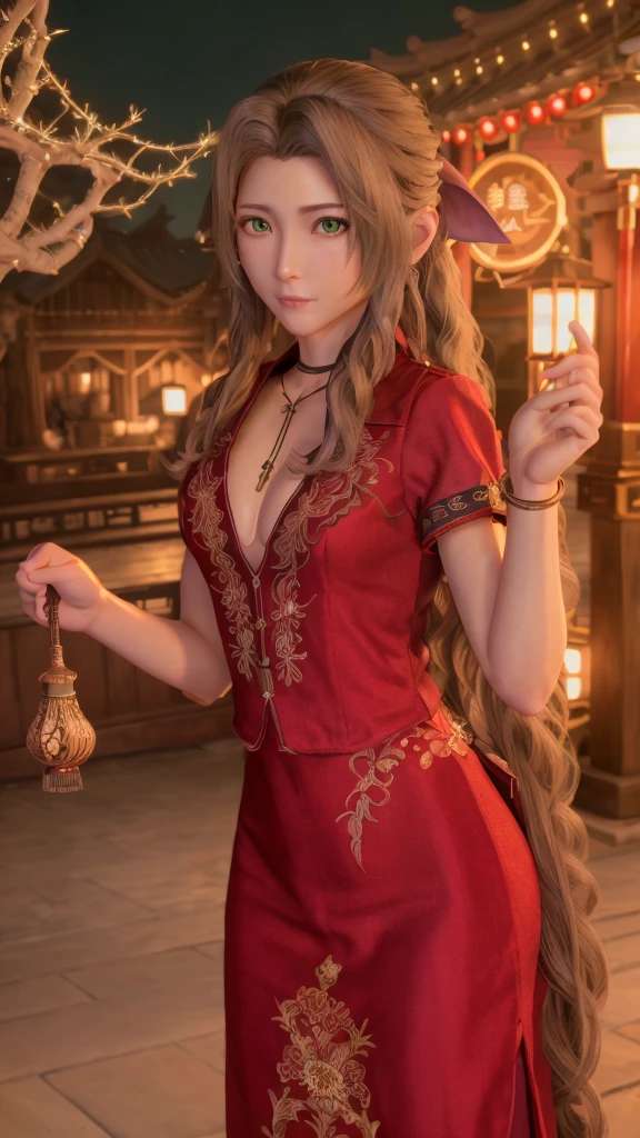 Like the picture, CG, Best Quality,  highly detailed masterpiece ,  Highly Detailed CG Unity 8K Wallpaper, fine, Best Quality, incredibly absurdres,   very detailed beautiful detailed 1 girl ,  Aerith Gainsborough , Solo,  along the Thames ,  light texture and light on the face , 長い中国のドレス,Long-haired,  Necklace ,  JEWELRY,  dark green eyes ,  Long Chinese dress holding a bonsai tree ,  lip details , As a Westerner , Have、 has very detailed green eyes and very detailed eyes,  watching viewers , smile, Japanese garden background ,